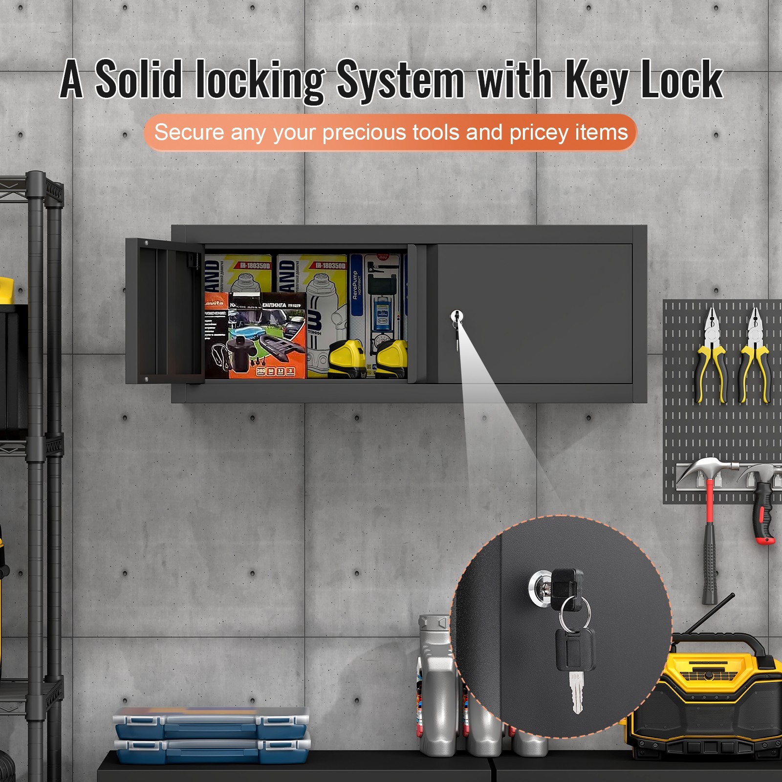 Metal Locking Cabinet, Garage Wall Cabinet, Steel Storage with Doors and Shelves