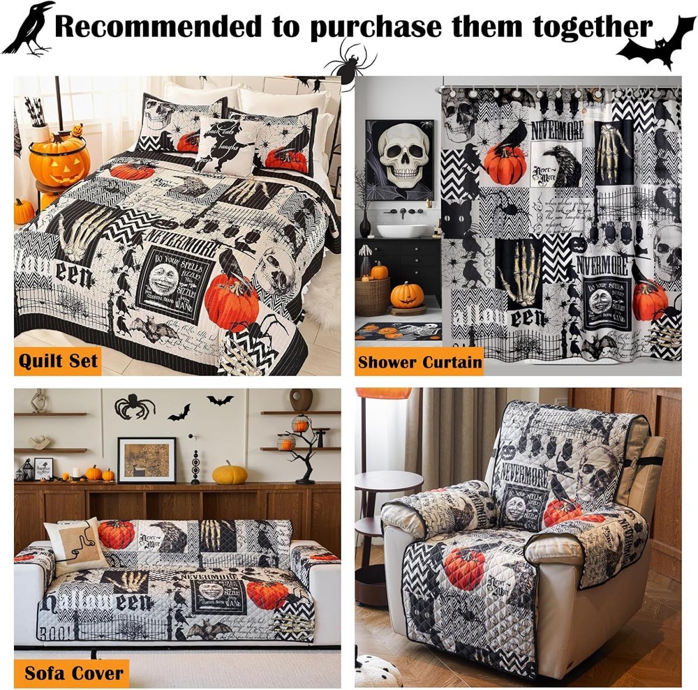 4 Piece Halloween Quilt Set Queen Size Bedspread Pumpkin Ghost Coverlet 90"x90"