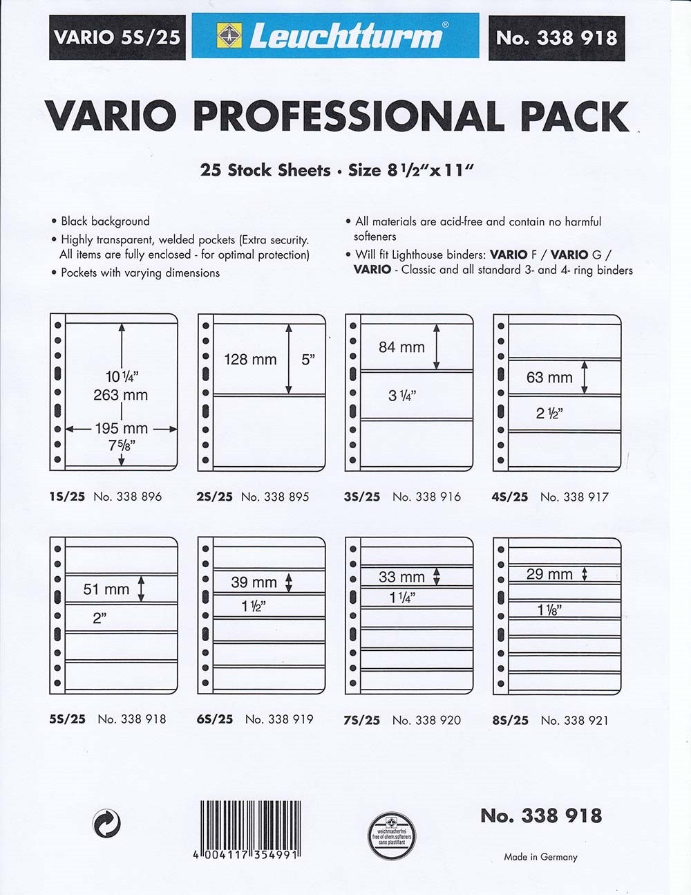 Lighthouse Vario 5S Stock Stamp Pages 5 Rows Professional Pack 25 Black 2 Sides