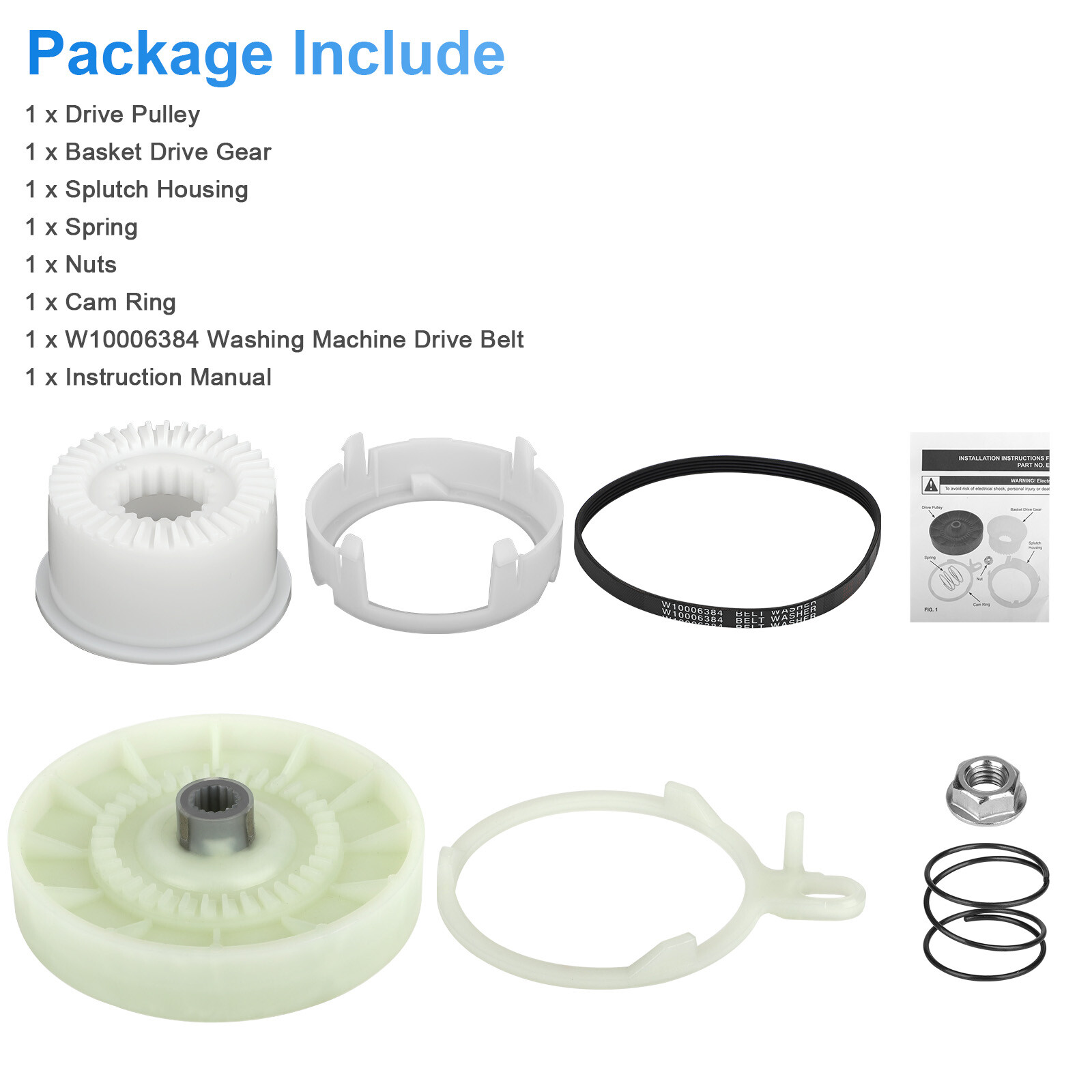 W10721967 Washer Pulley Clutch Kit & W10006384 Washing Drive Belt for Whirlpool