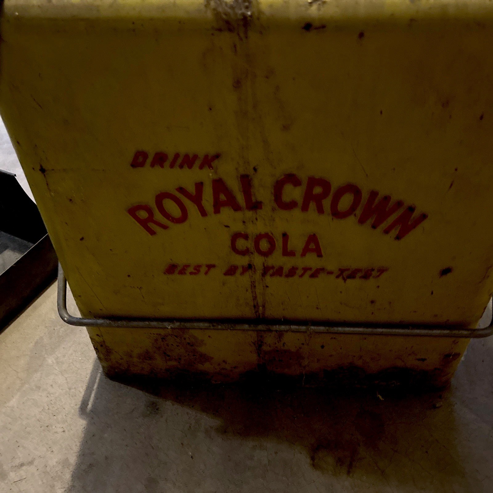 Vintage Royal Crown RC Cola Soda Metal Cooler. Yellow w/red Lettering.