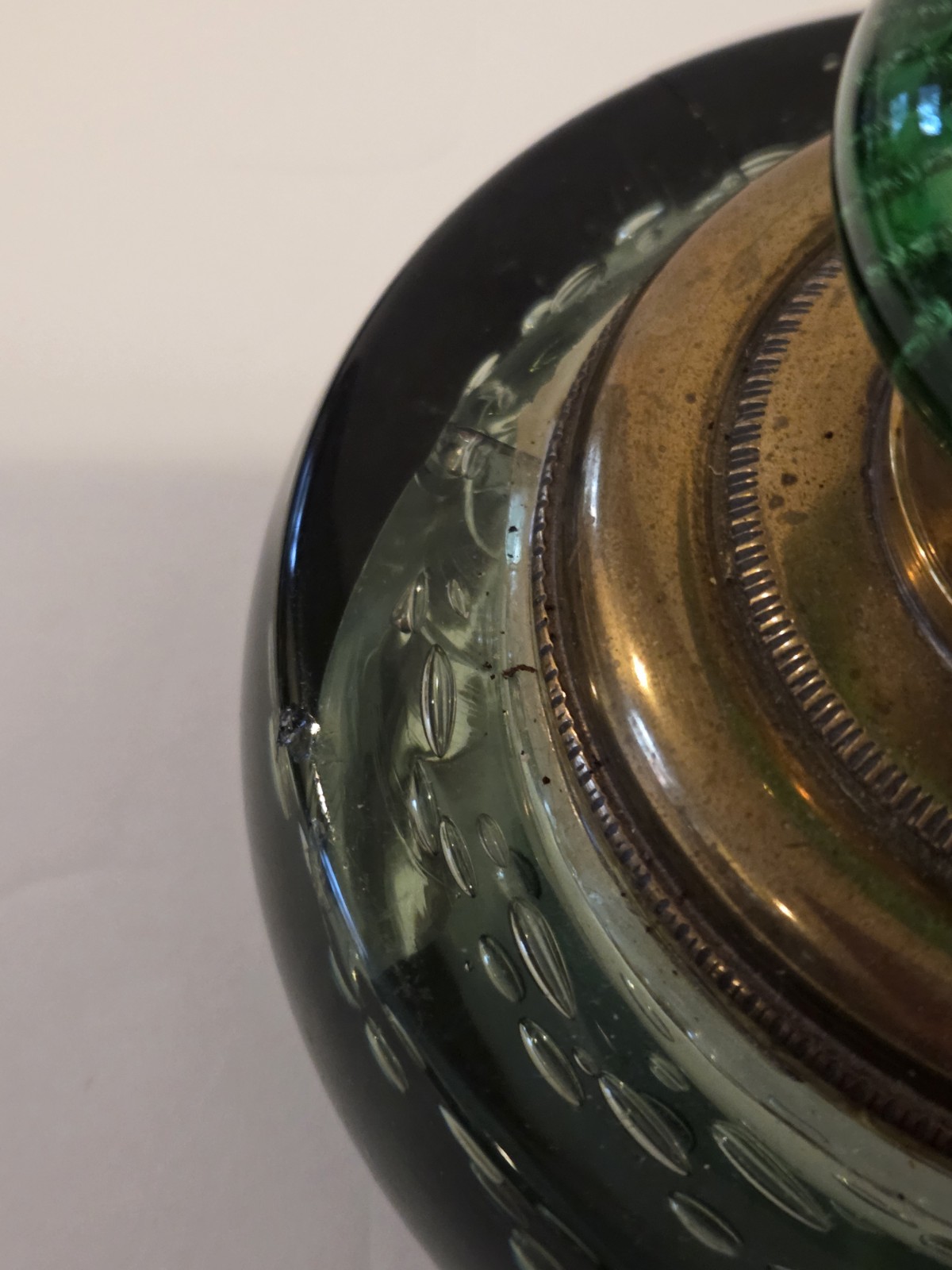 Glass Ink Well hand Blown Controlled Bubbles Brass Antique Green