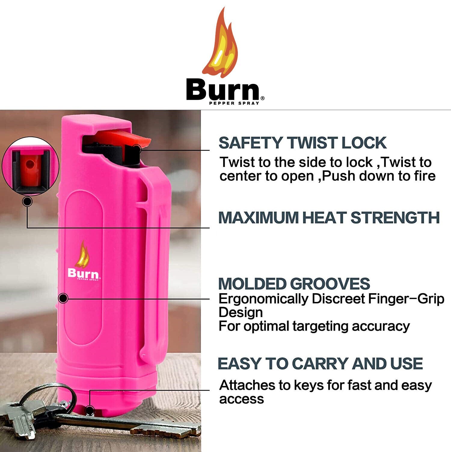 BURN PEPPER SPRAY Maximum Strength Self Defense Security Keychain Pink 2 Pack