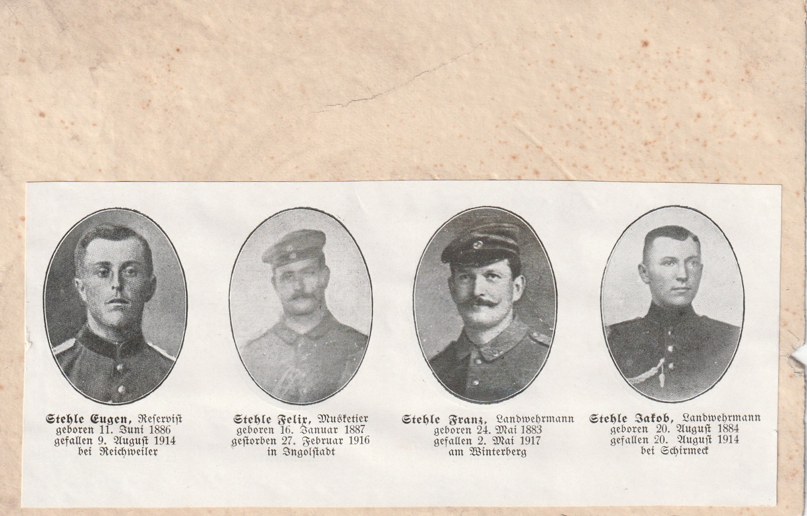 German WW I ( ORIGINAL )  Death Card-  4 x Brothers Killed In WW1  1914-18 RARE