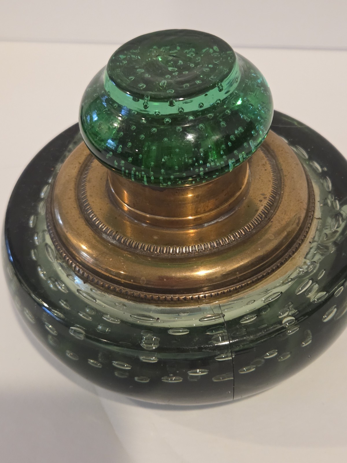Glass Ink Well hand Blown Controlled Bubbles Brass Antique Green