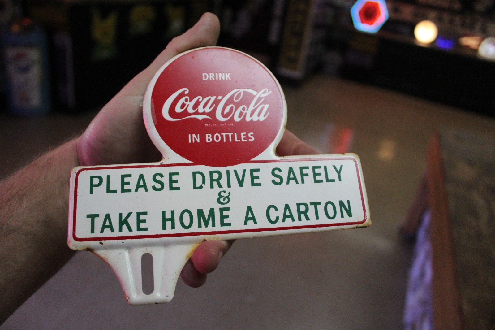 RARE 1950s DRINK COCA COLA DRIVE SAFELY STAMPED PAINTED METAL TOPPER SIGN SODA