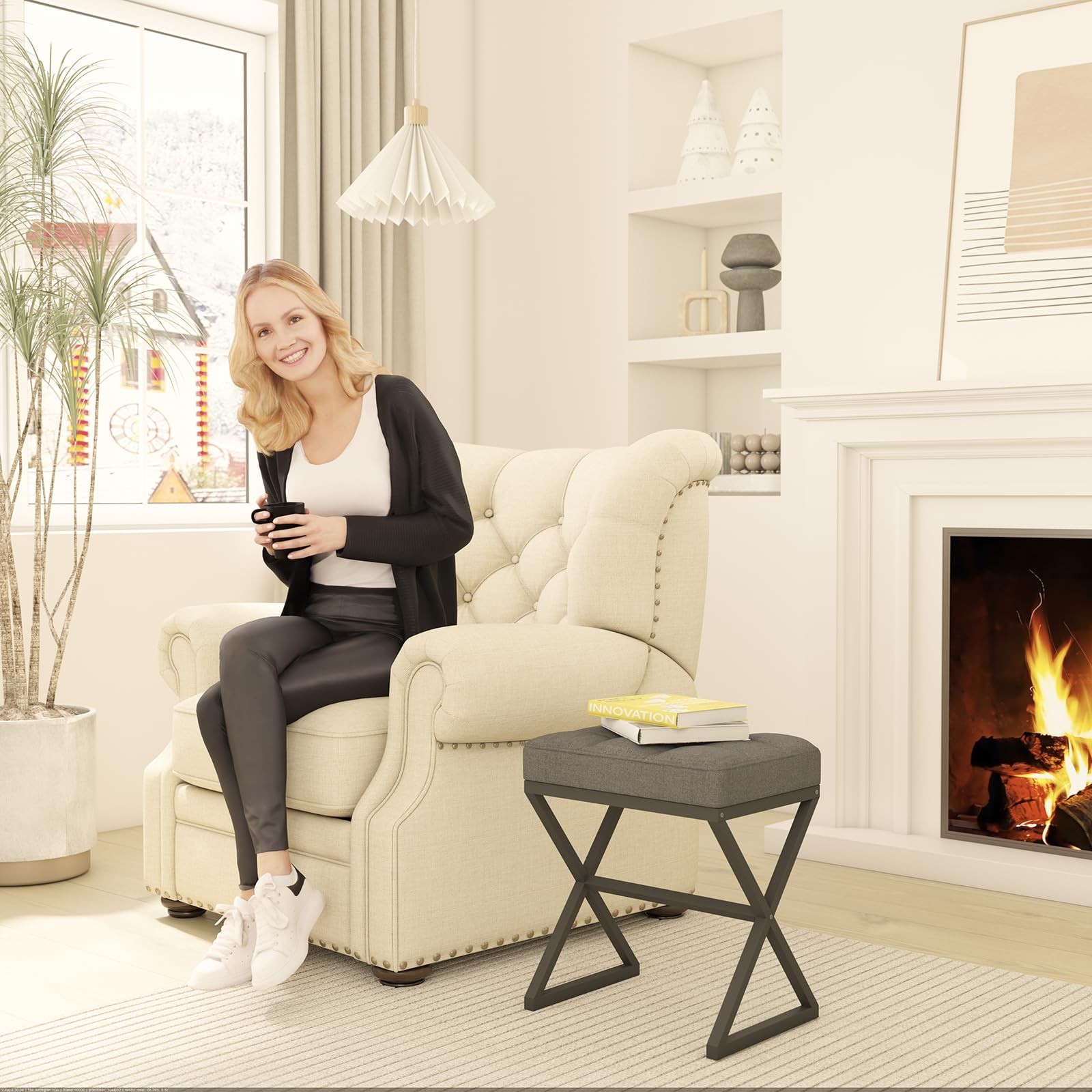 Vanity Stool, Linen Footrest, Ottoman Bench with X-Shaped Metal Legs, Makeup ...