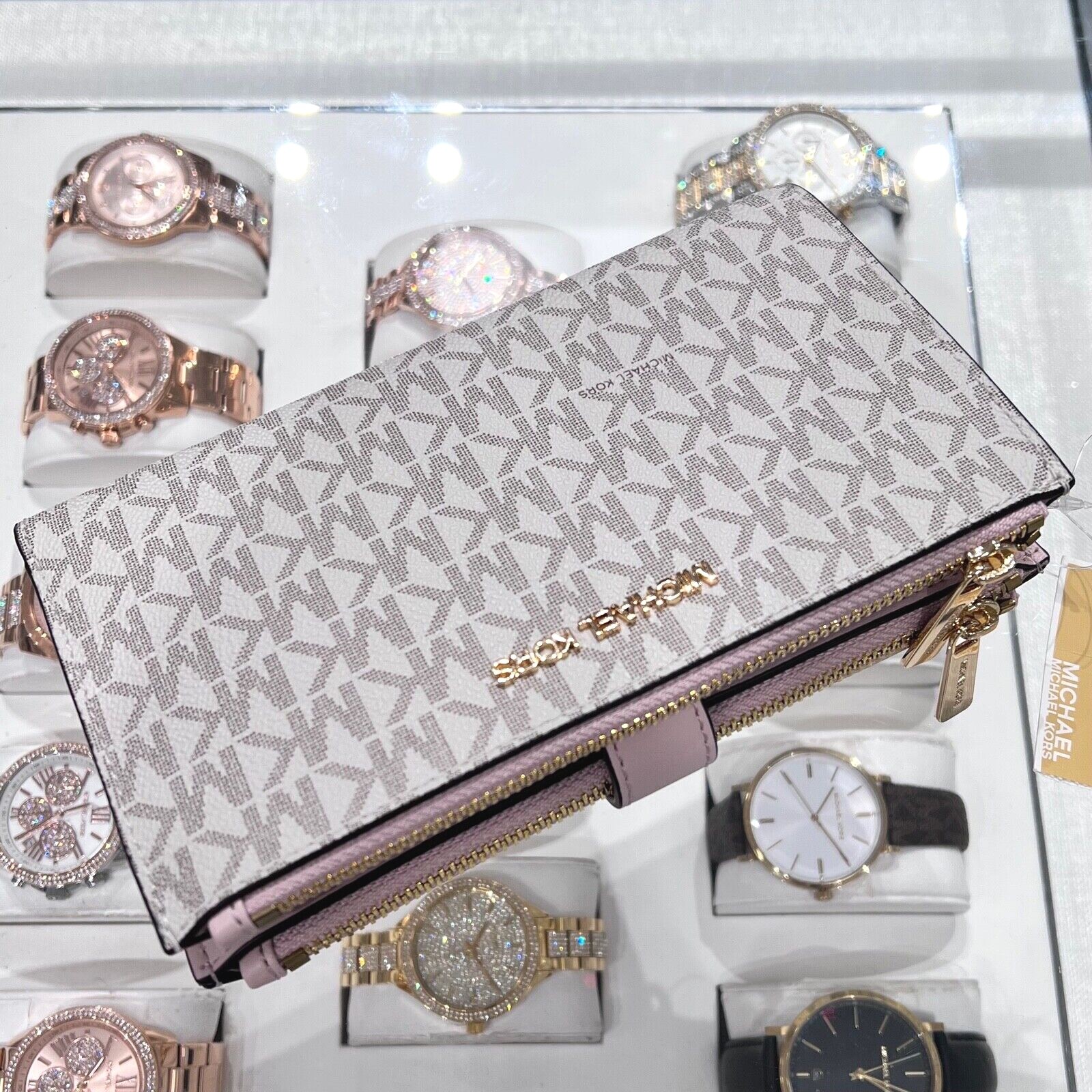 Michael Kors Jet Set Travel Double Zip Wristlet Wallet Vanilla Pink Powder Blush