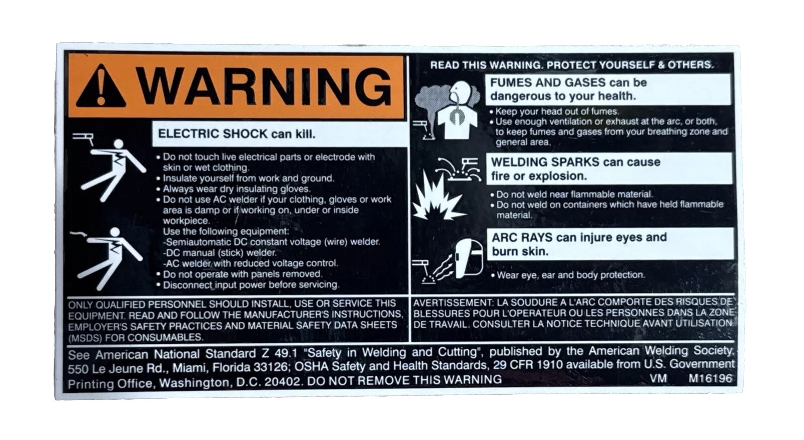 Lincoln Electric 9SM16196 DECAL-WARNING M16196 Sticker