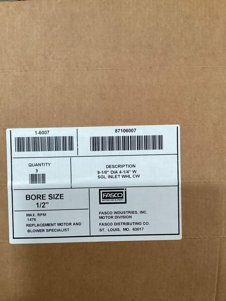 Fasco Blower/Fan Wheel 1-6007; Bore1/2"; 9 1/8"X 4 1/4" (Box Of 3) -NIB