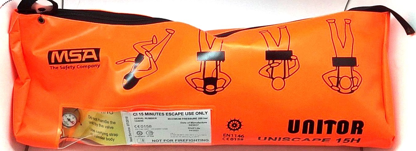 Unitor Uniscape 15H EEBD MSA Emergency Escape Breathing Device Tank Mask 104999