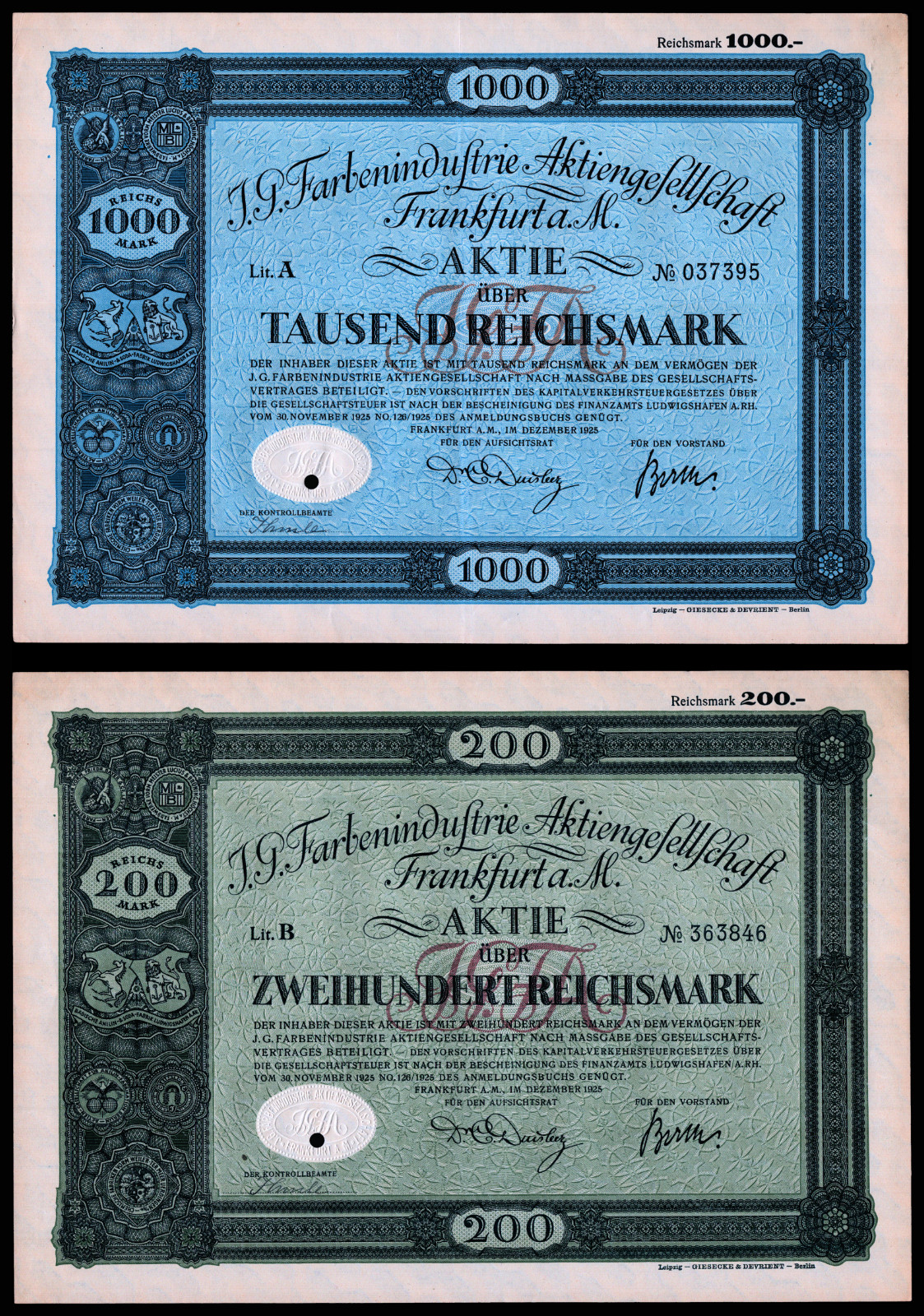 1925 IG Farben (of Zyklon B infamy) Initial Public Offering 2 Piece Stock Set F+