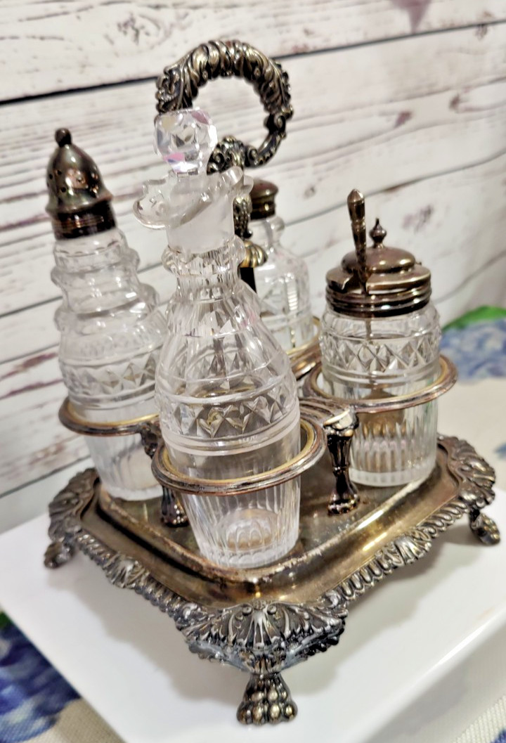 Antique Victorian Era Sliver Plated Four Cut Crystal Bottles Cruet Set