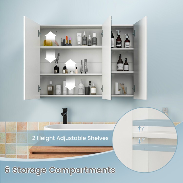 3-Doors Bathroom Medicine Cabinet Frameless Wall Mounted Mirror Adjustable Shelf