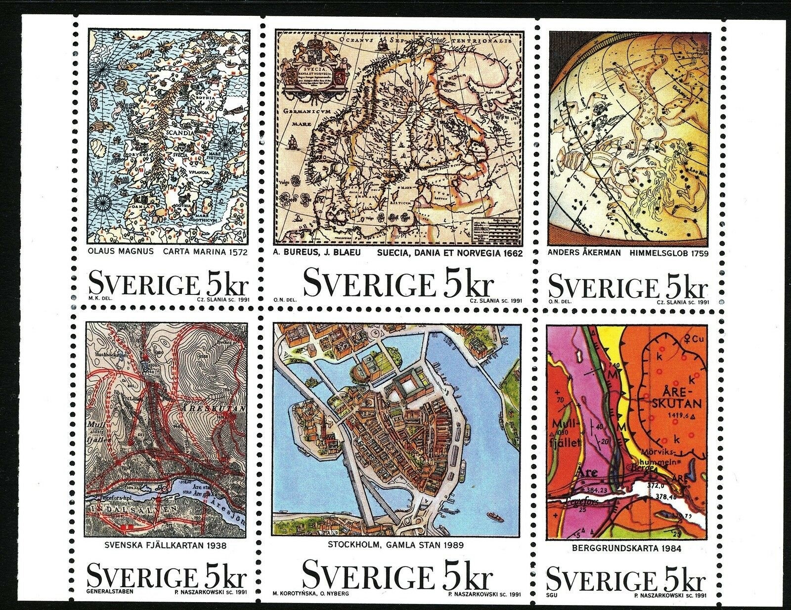 Sweden 1991 Booklet pane Swedish maps. Engravers Naszarkowski and Slania. MNH