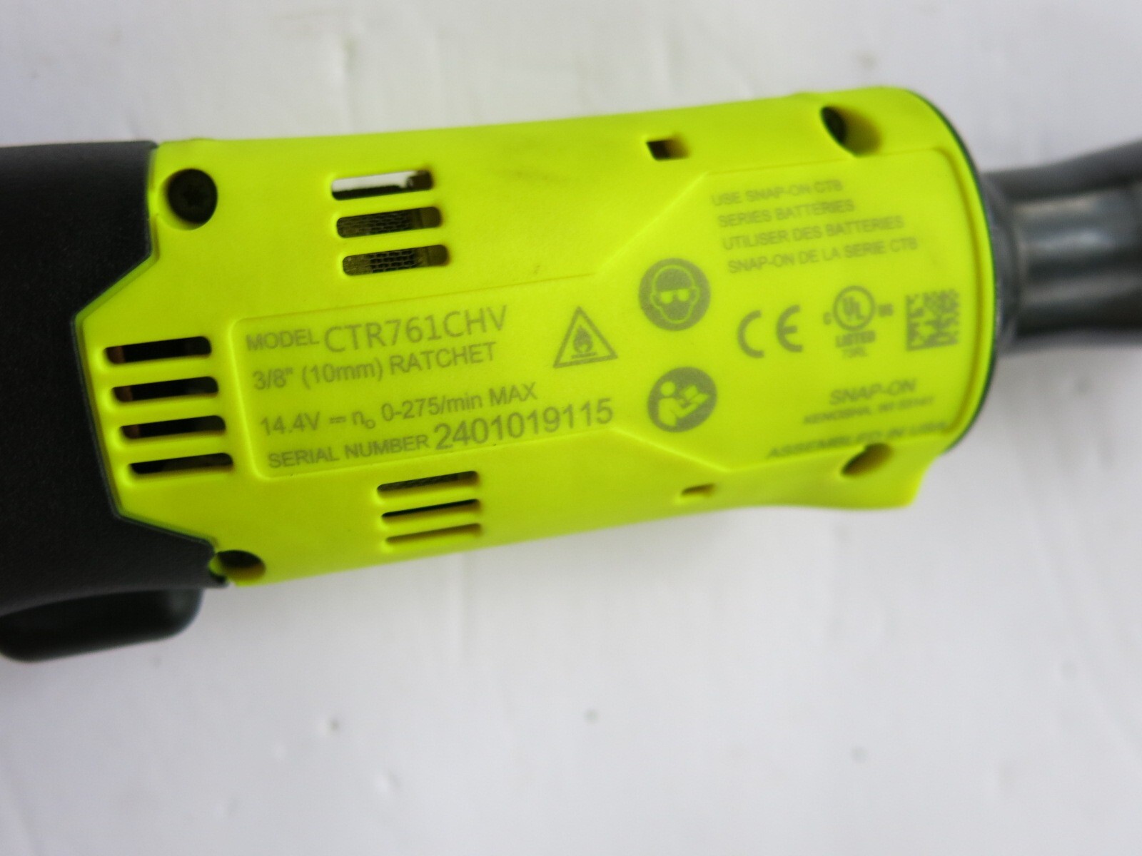 Snap-On CTR761 Hi-Viz 3/8" 14.4v Cordless Ratchet Battery & Charger Set