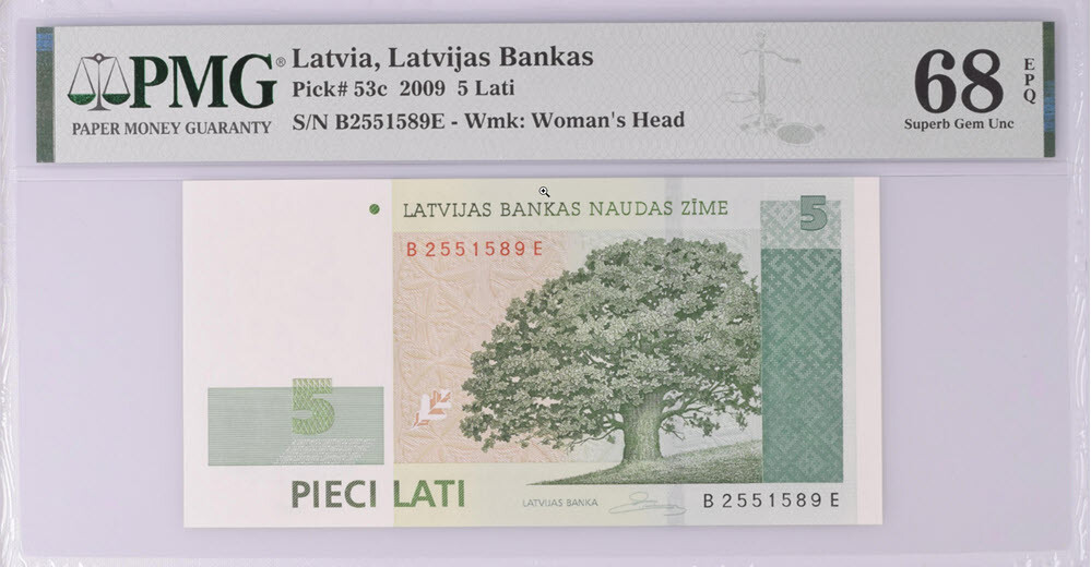 Latvia 5 Lati 2009 P 53 c Superb Gem UNC PMG 68 EPQ