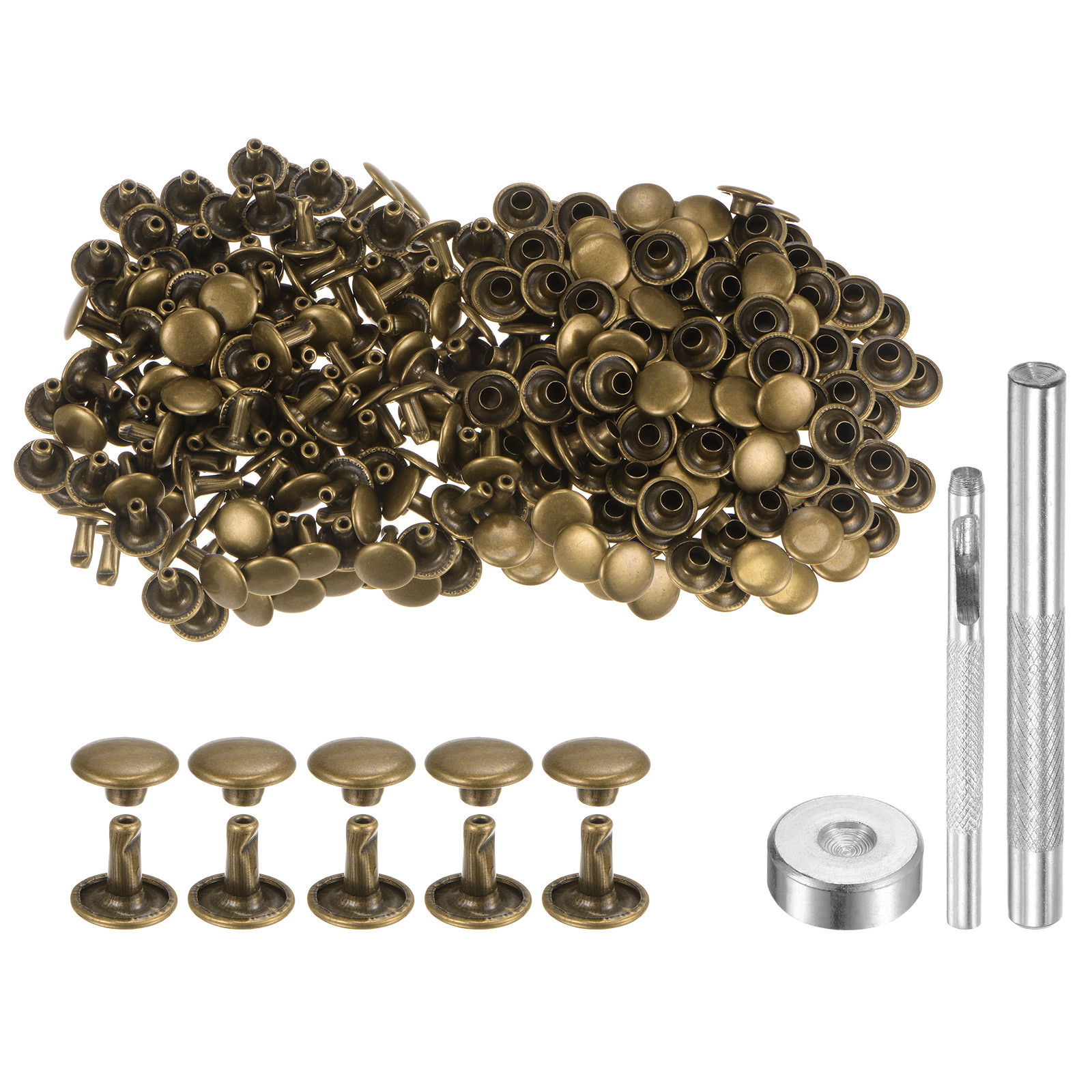 200 Sets Leather Rivets 9mm x 8mm Metal with 3 Setter Tools Bronze