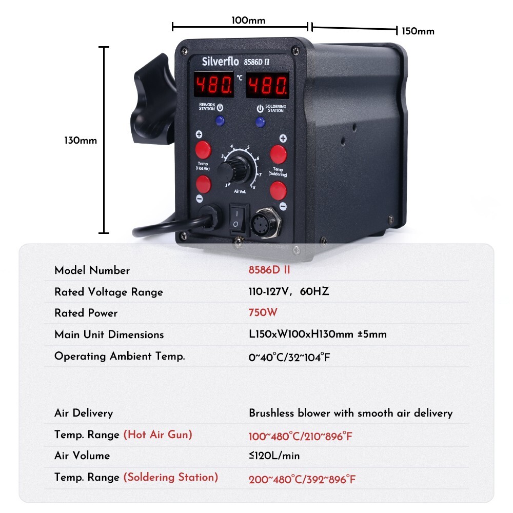 750W 8586D Solder Station 2 in 1 Soldering Iron Kit Hot Air Gun Rework station