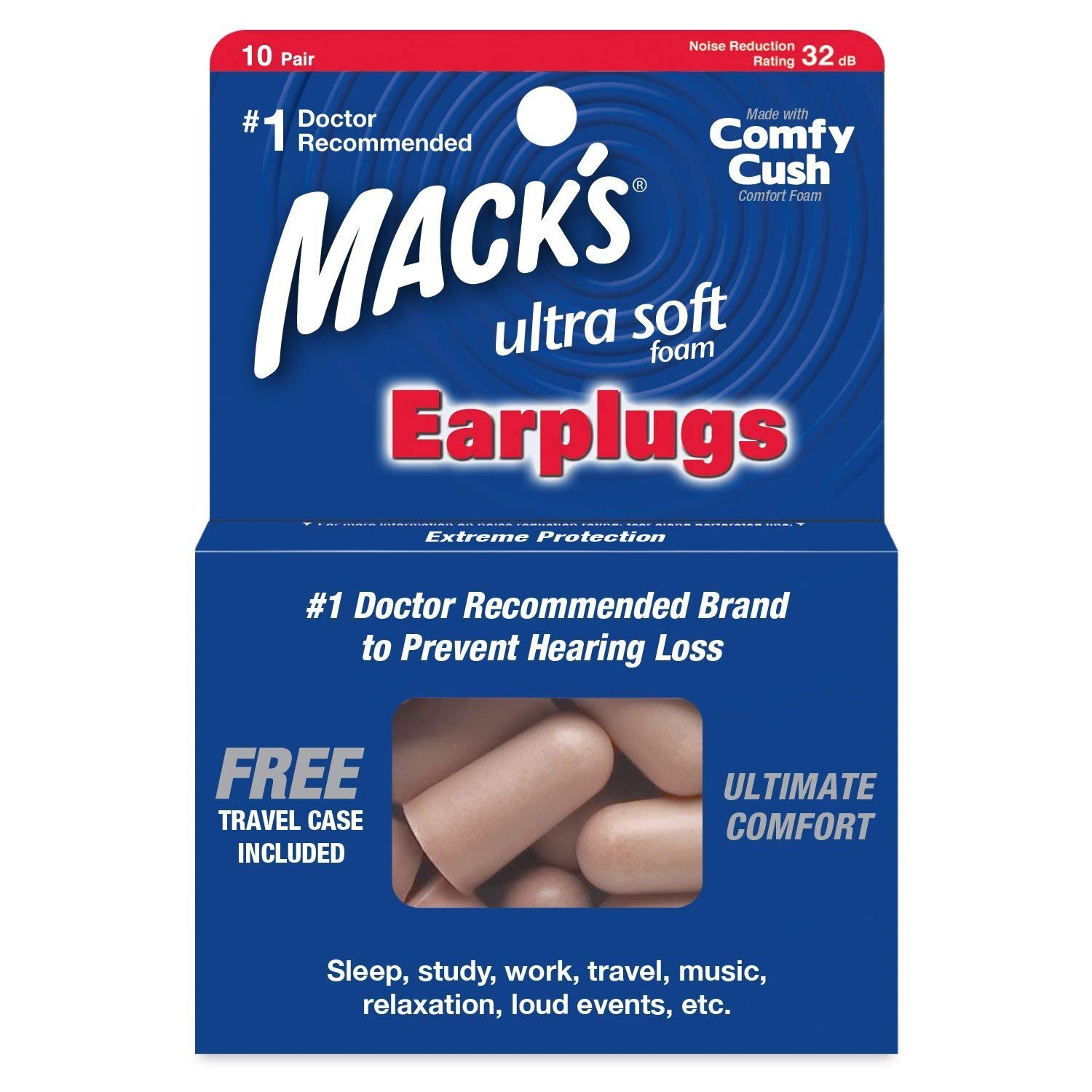 Macks Ultra Soft Foam Ultimate Comfort Earplugs Pairs with Travel Case 10 Count