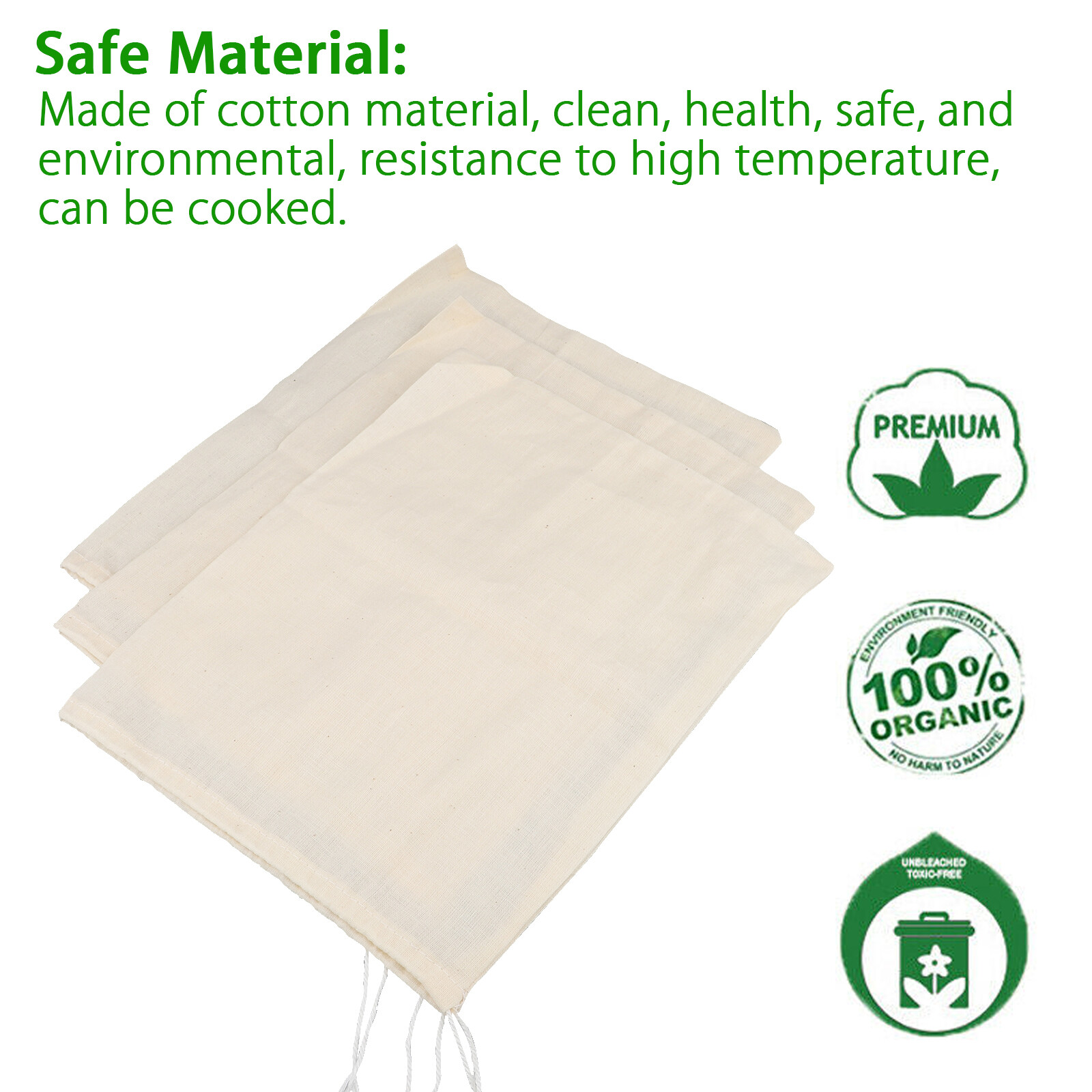 3PCS Organic Cotton Nut Milk Bag Reusable Food Strainer Brew Coffee Cheese Cloth