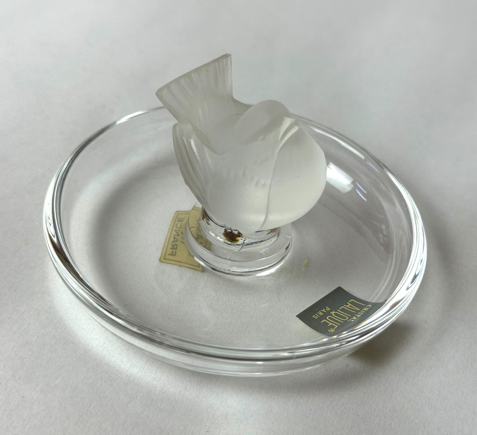 Lalique Pinson Finch 1970s Art Glass Ring Dish Clear & Frosted Crystal 2” Tall