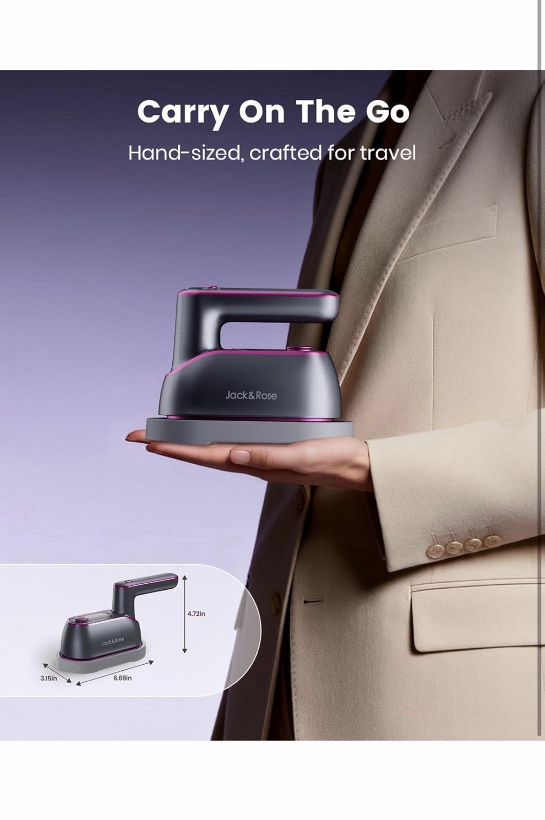 Jack and Rose Travel Steamer Iron Clothes Portable Handheld 1200W Fast Heat