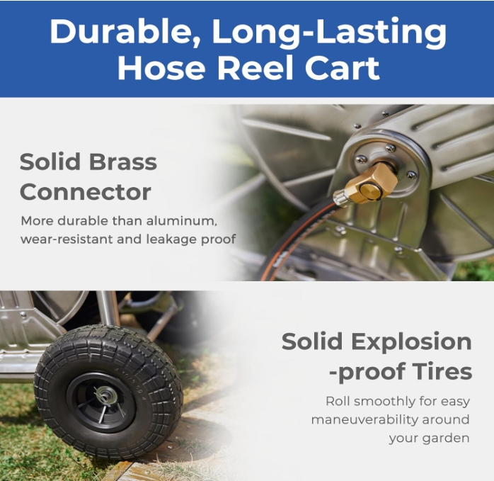 Giraffe Tools Garden Hose Reel Cart with Wheels, Stainless Steel