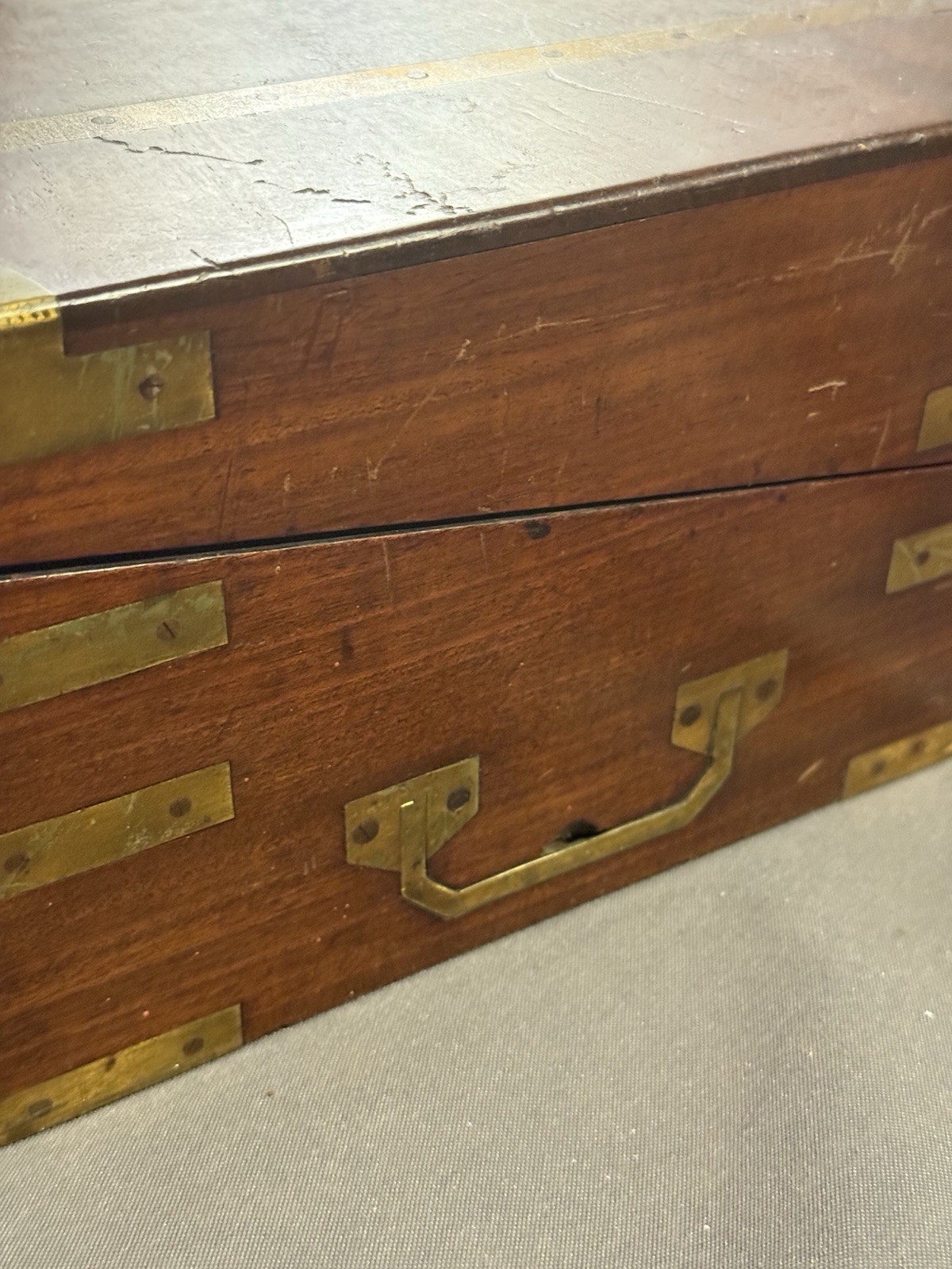 Early Antique Wood & Brass Bound Military Campaign Writing Desk