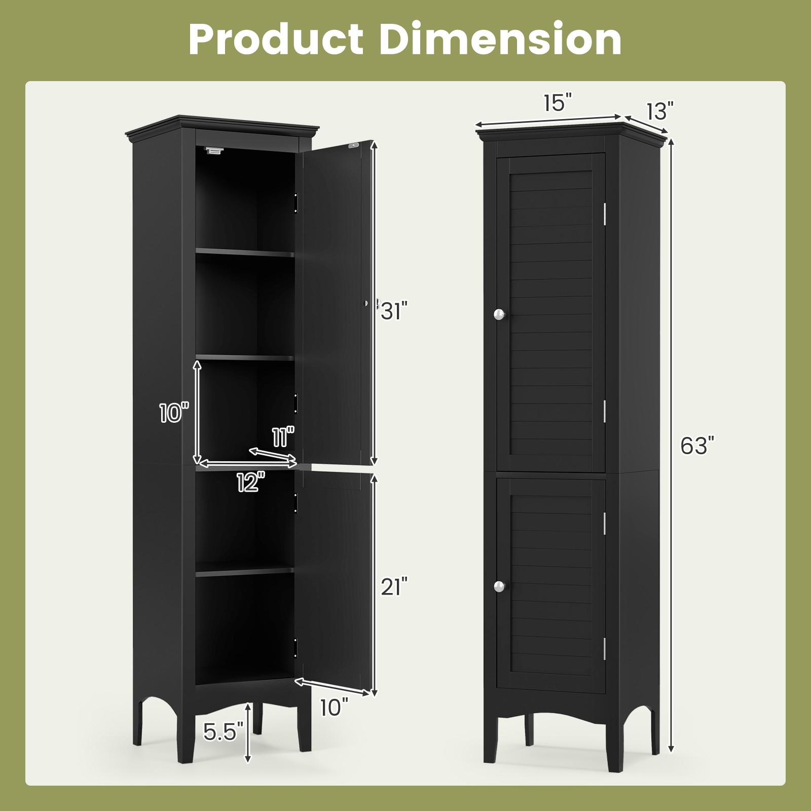 Tall Bathroom Floor Cabinet Narrow Linen Tower w/ 2 Doors & Adjustable Shelf