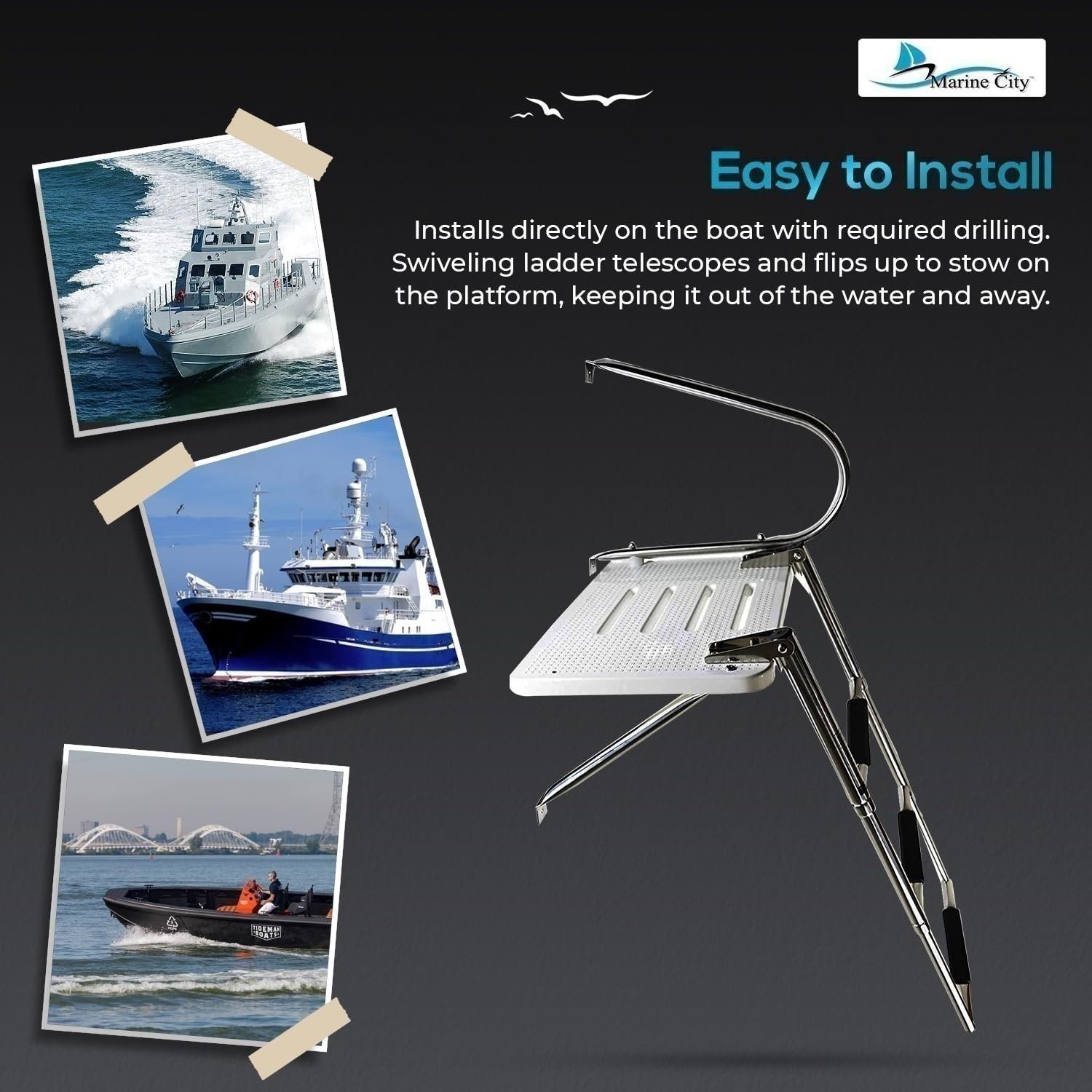Marine City 3 Step Stainless Steel Telescoping Boat O/B Swim Ladder for Boat