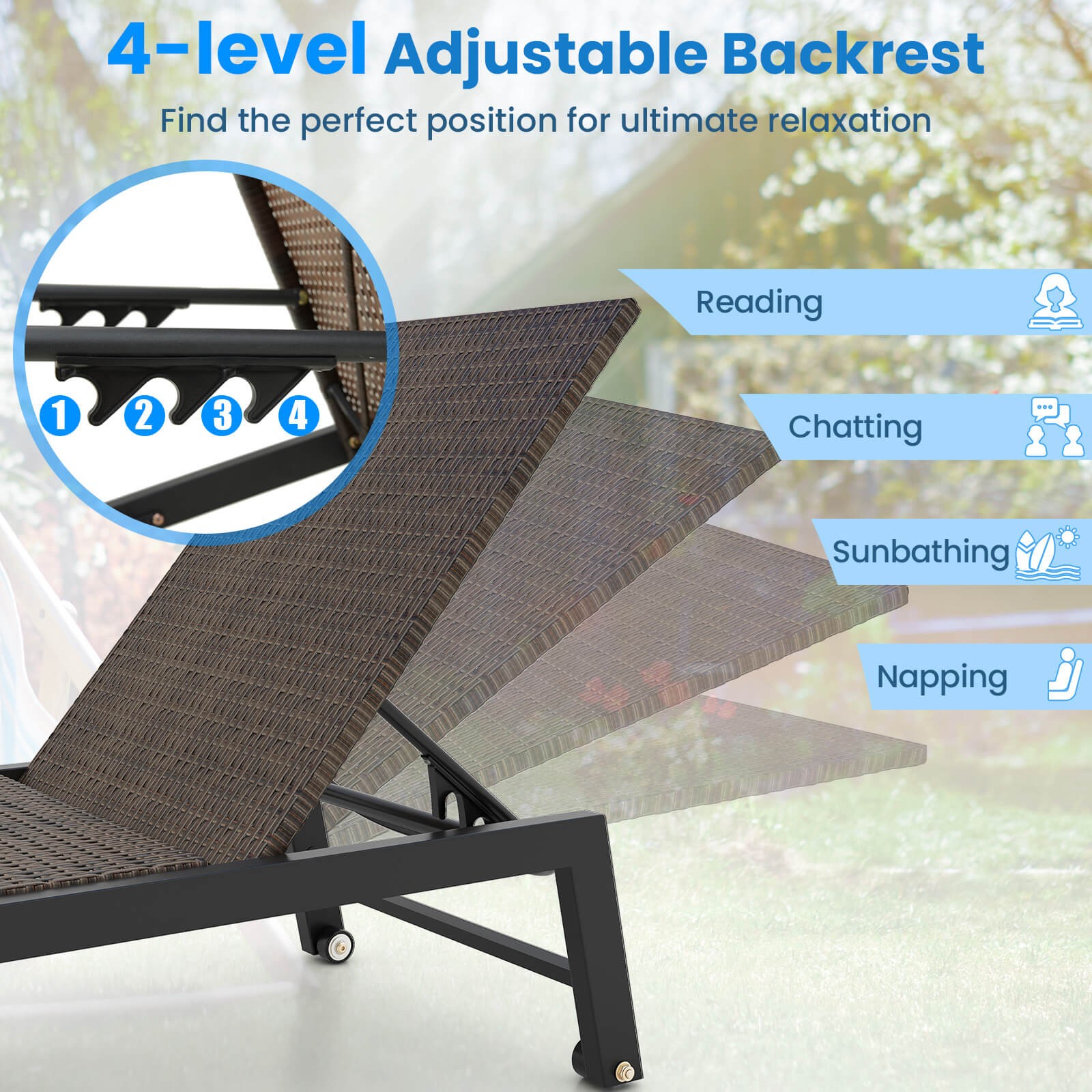 2PCS PE Wicker Outdoor Chaise Lounge Chair w/Wheels Reclining Chair for Poolside