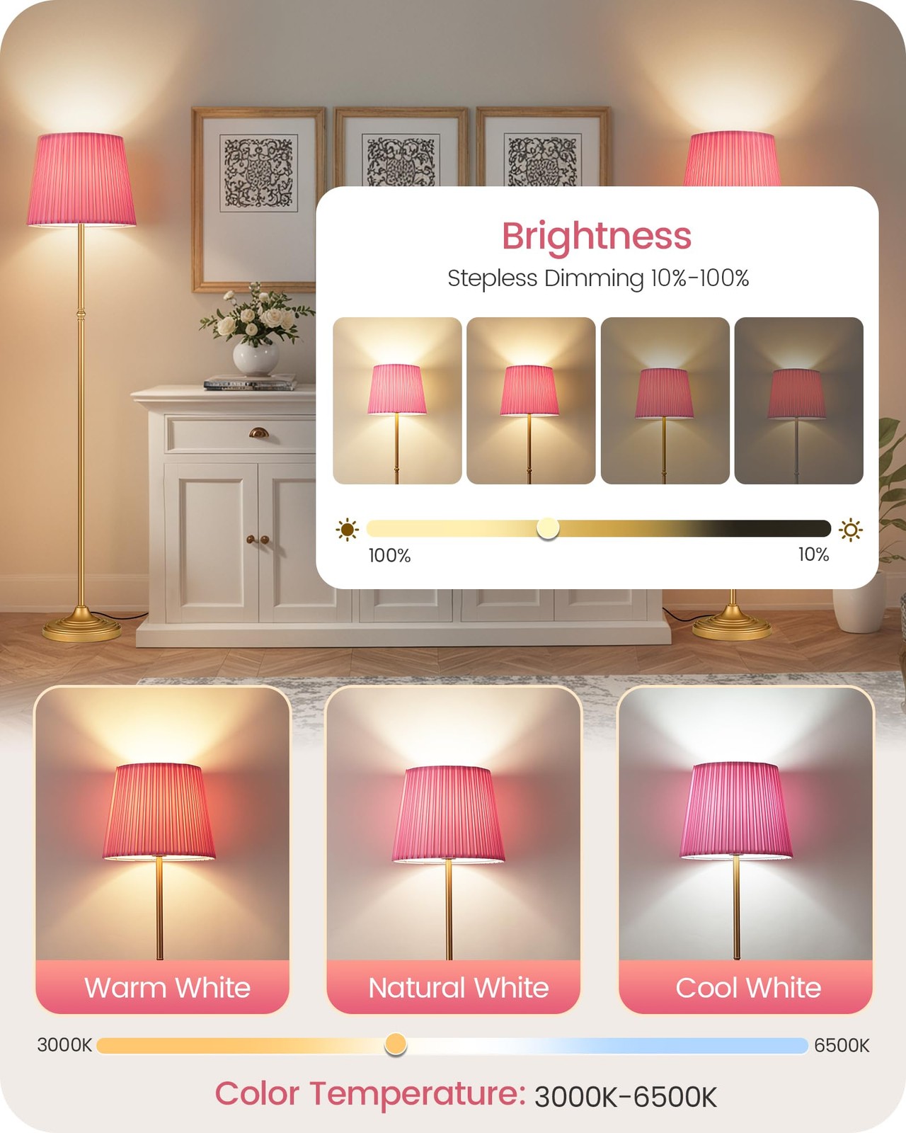 GOEBLESON Pink Floor Lamp for Living Room, 68" 68 inches, Gold +