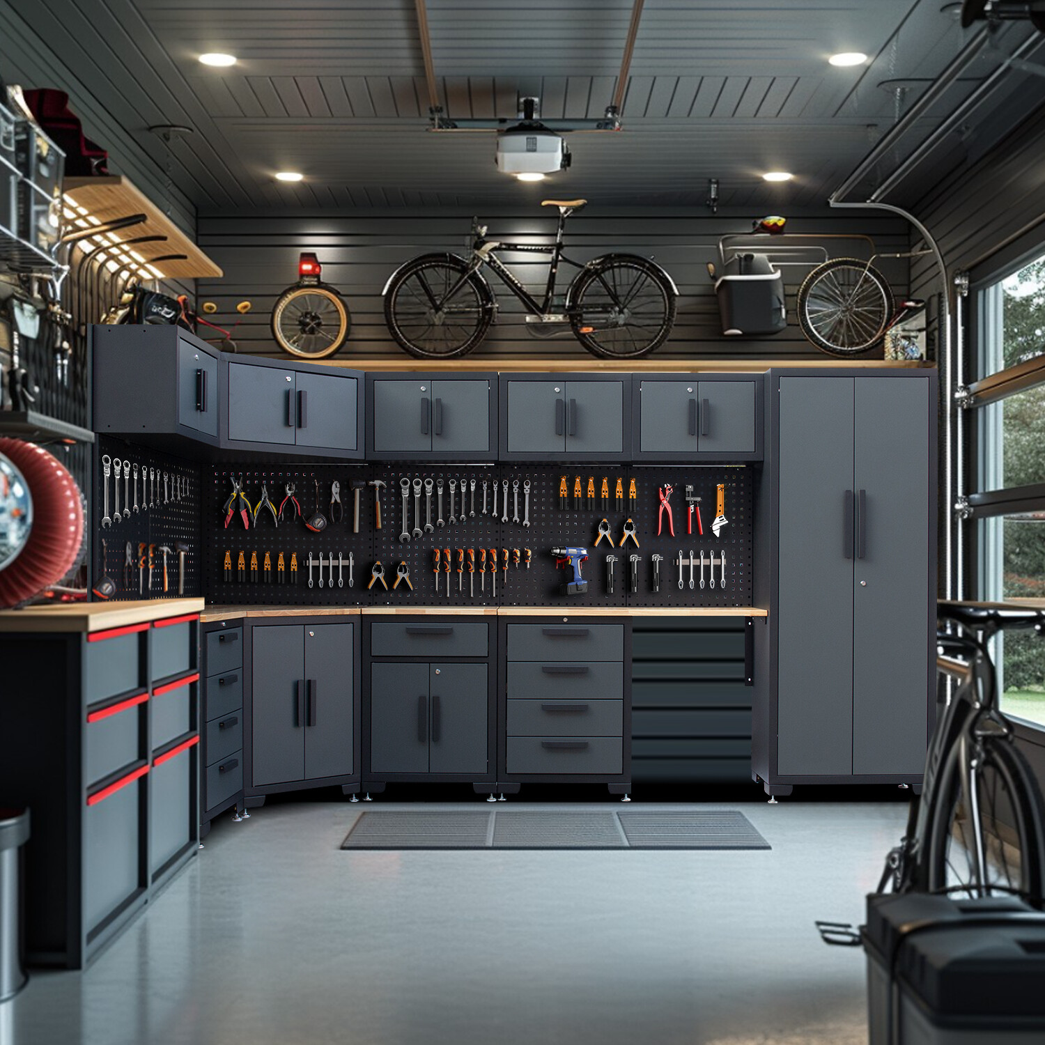 Garage Storage Cabinet 15Pcs Workshop W/Steel Cabinet Drawers Workbench Pegboard