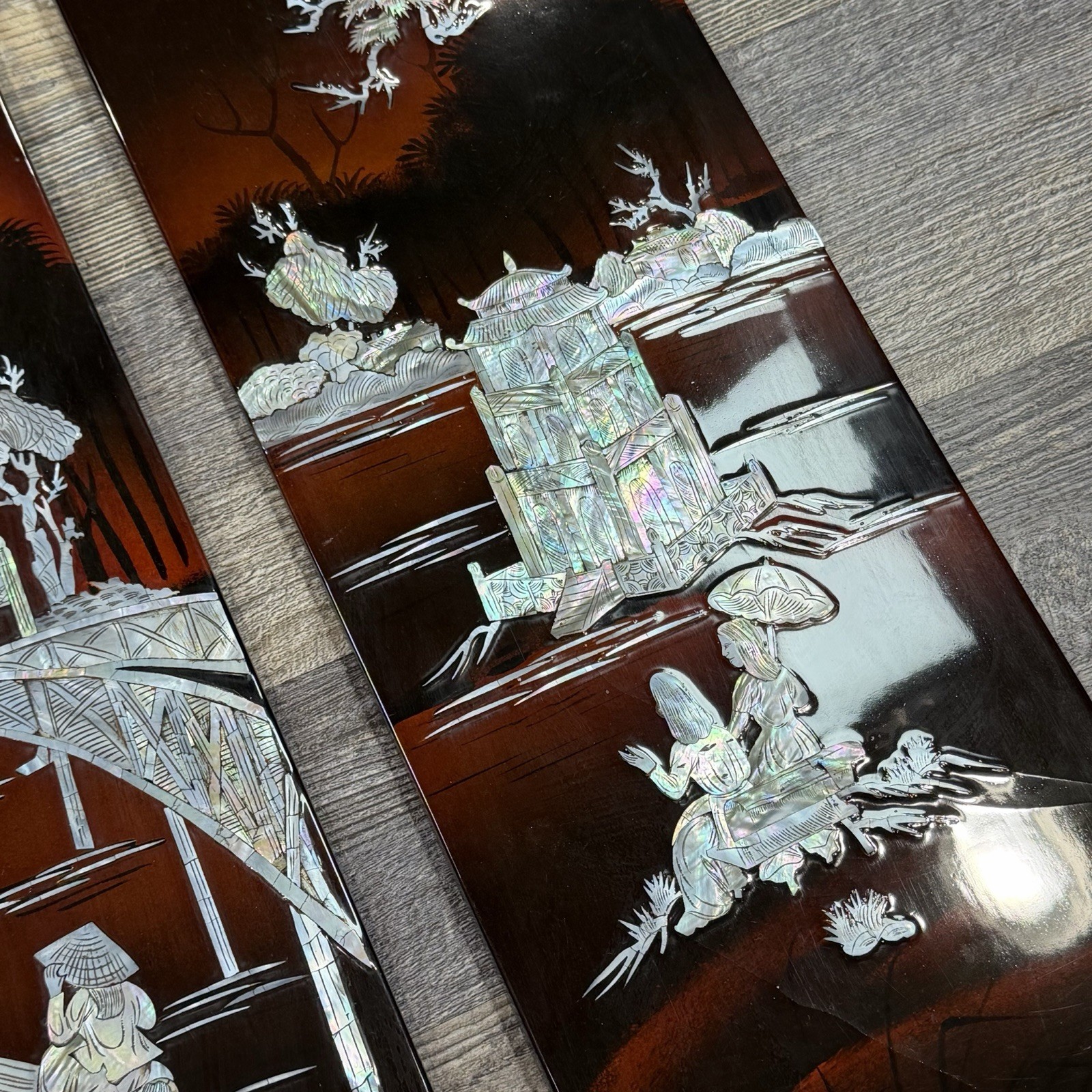 3 Vintage Asian Mother of Pearl Inlay Red Lacquer Wall Panels Village Landscape