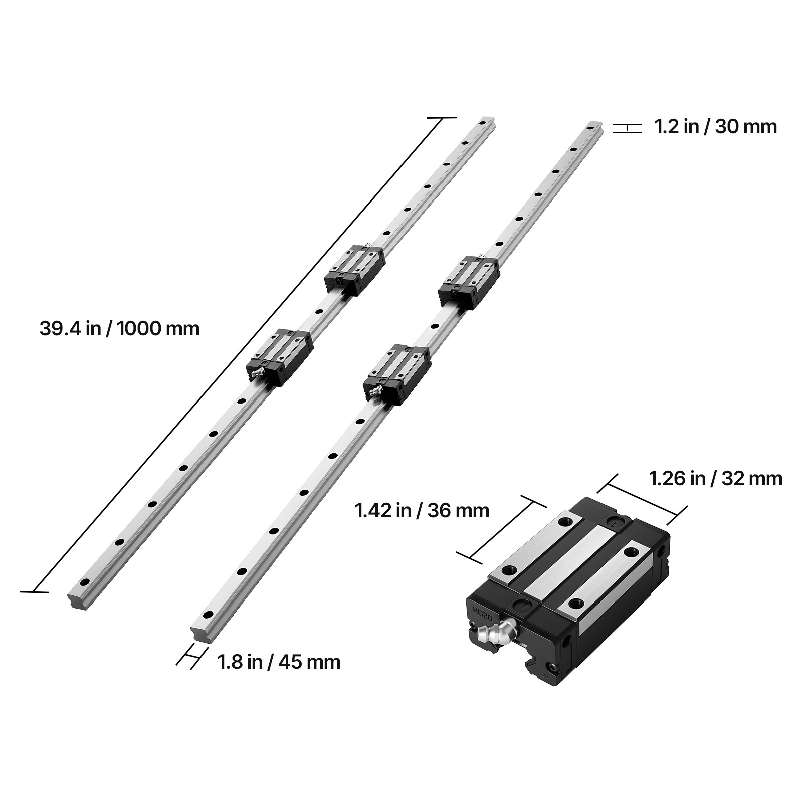 Uimoso Linear Rail Kit HGR20 2Pcs 1000 mm (39.4 in) Guide Rails with 4 Blocks