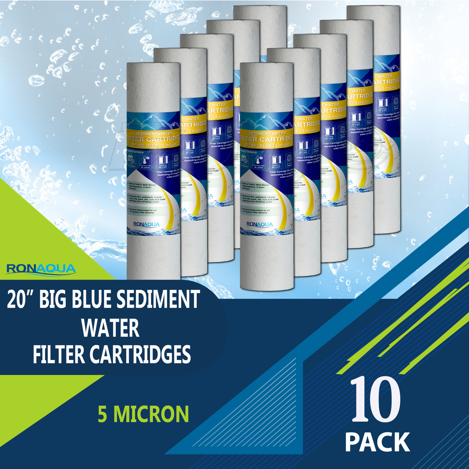 Big Blue Sediment Replacement Water Filters 5 Micron 4.5" x 20" Set of 10