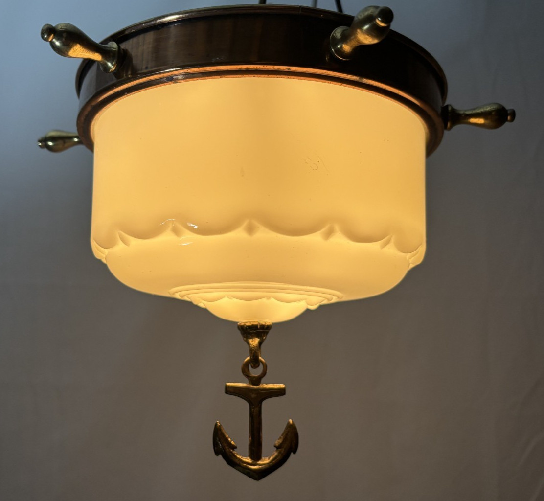 Vtg Nautical Light Fixture MCM Brass Anchor Closet Custard Art Glass Shade #L60