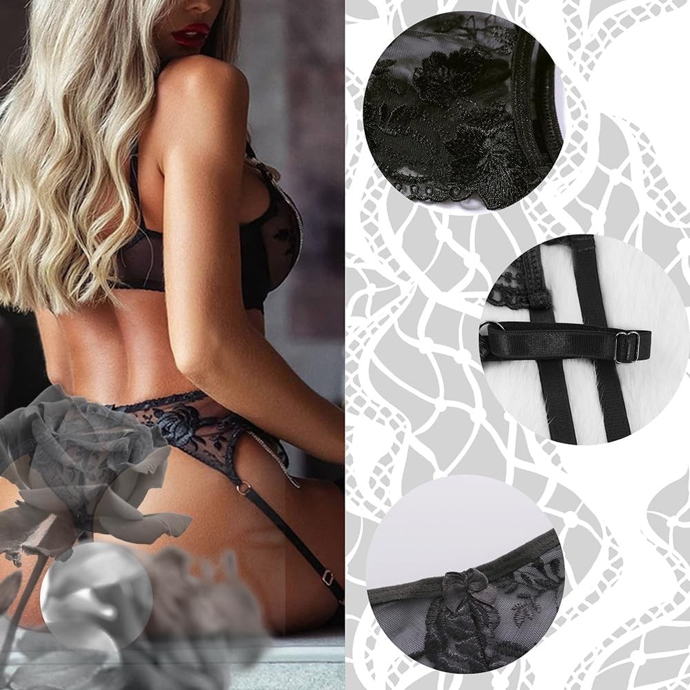 Lace Garter Belt Thong Set for Women Suspender Lingerie with 4 Metal Clips Holde