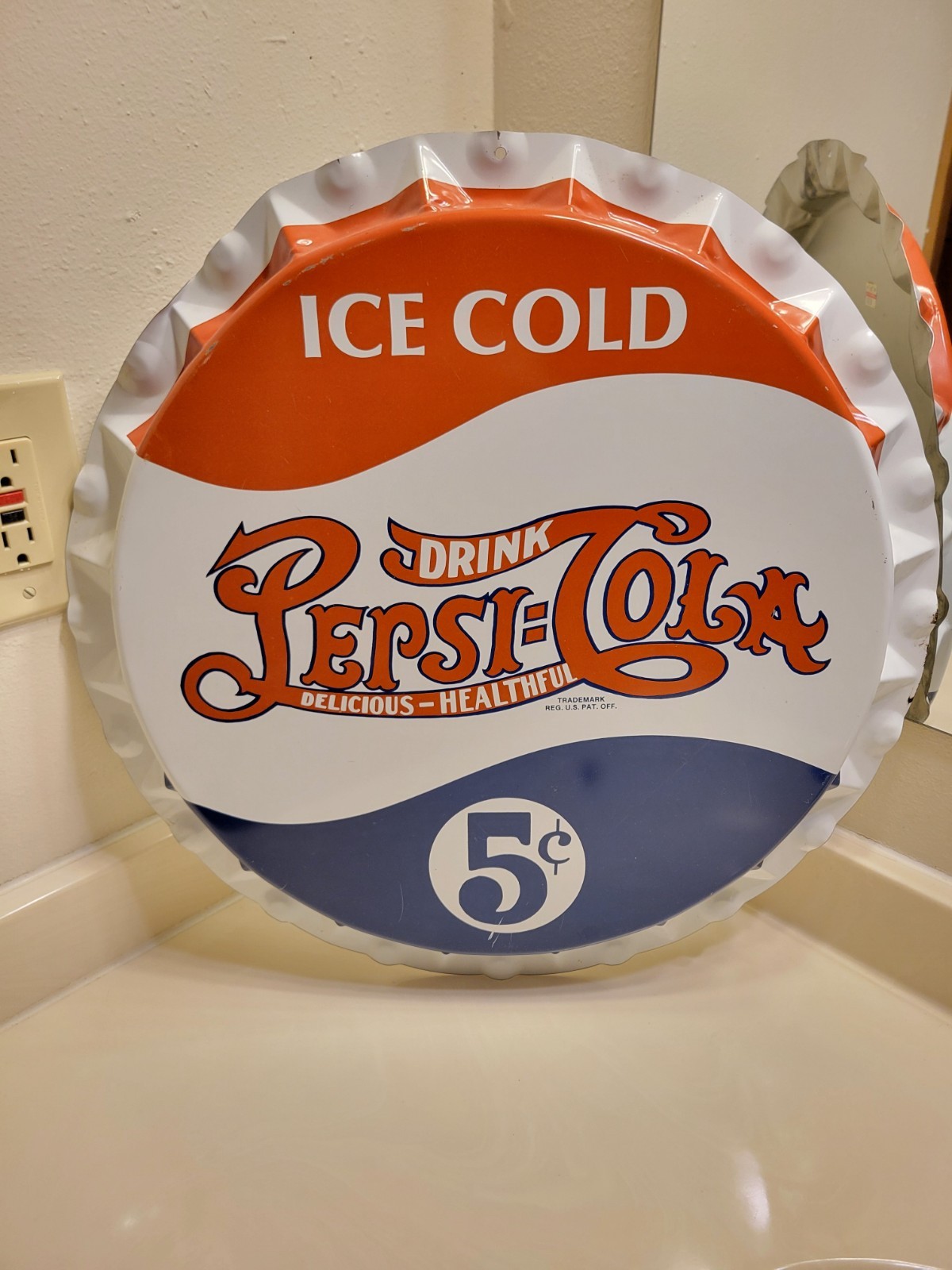 VINTAGE PEPSI:COLA  DOUBLE DOT BOTTLE CAP METAL SIGN / 19"x 2" DIMENSIONS