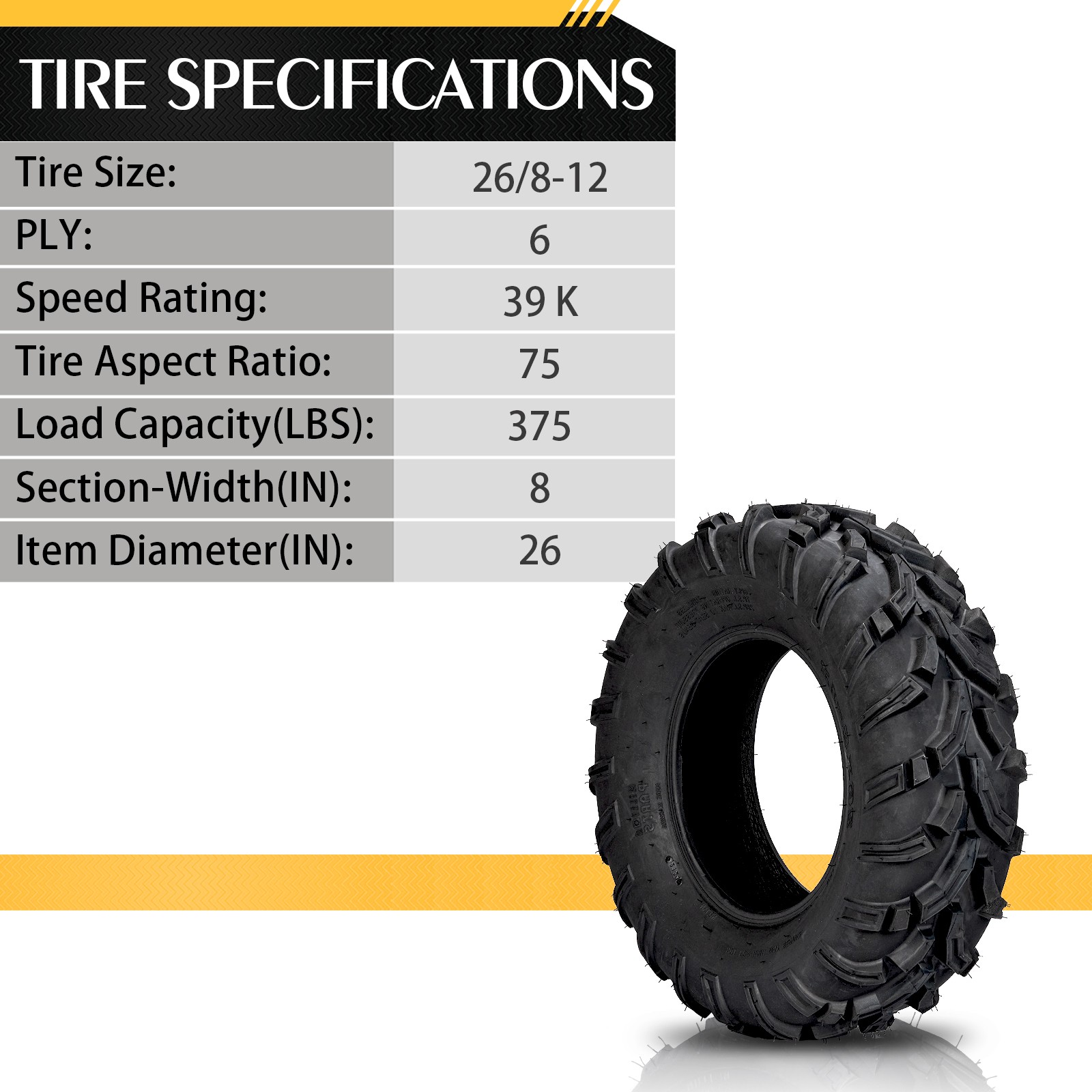 Set of 2 26x8-12 ATV/UTV Tires All Terrain AT 6 Ply 26x8x12 Tubeless