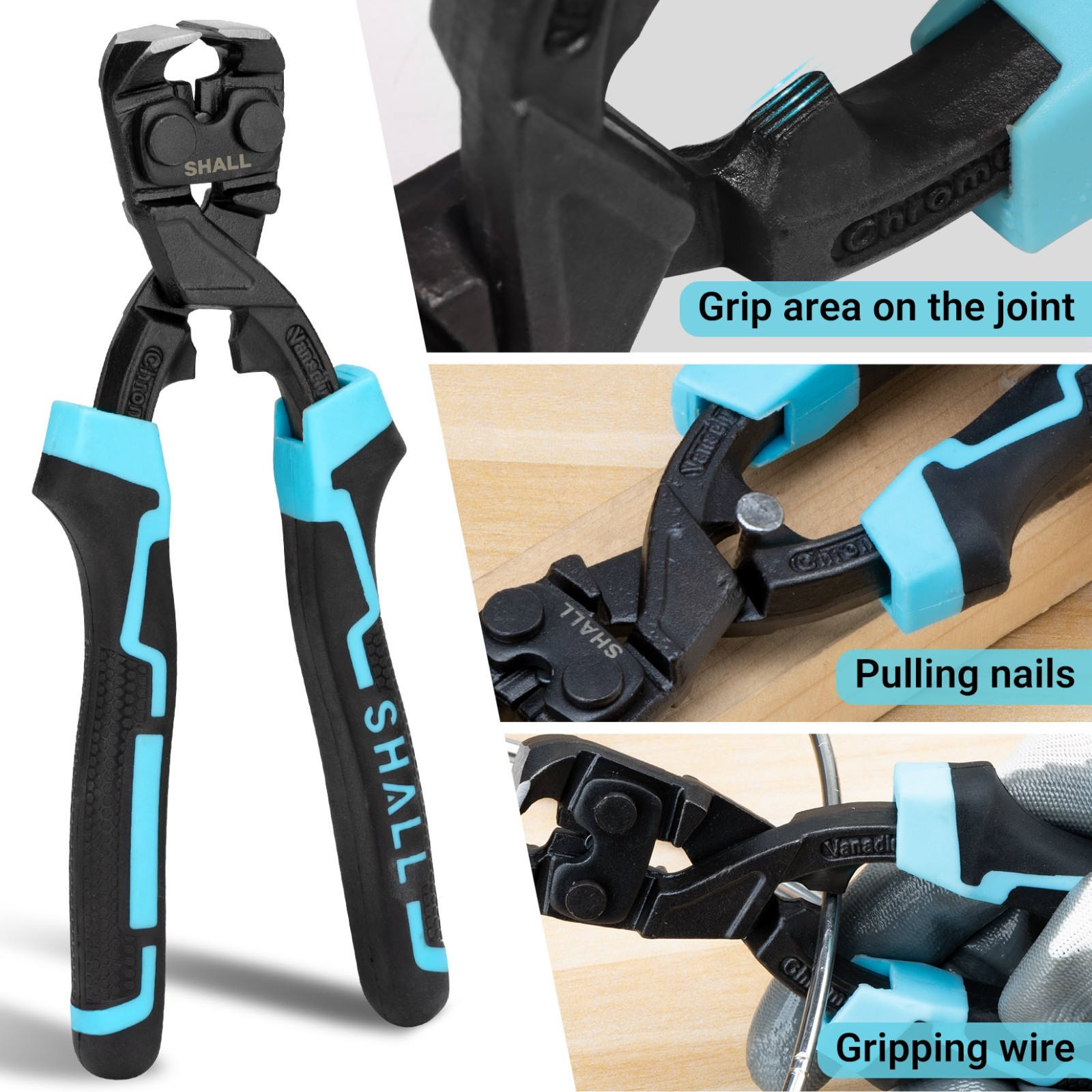 SHALL 8-Inch Nail Puller, 8" End Cutting Pliers, Two-Color Ergonomic Handle