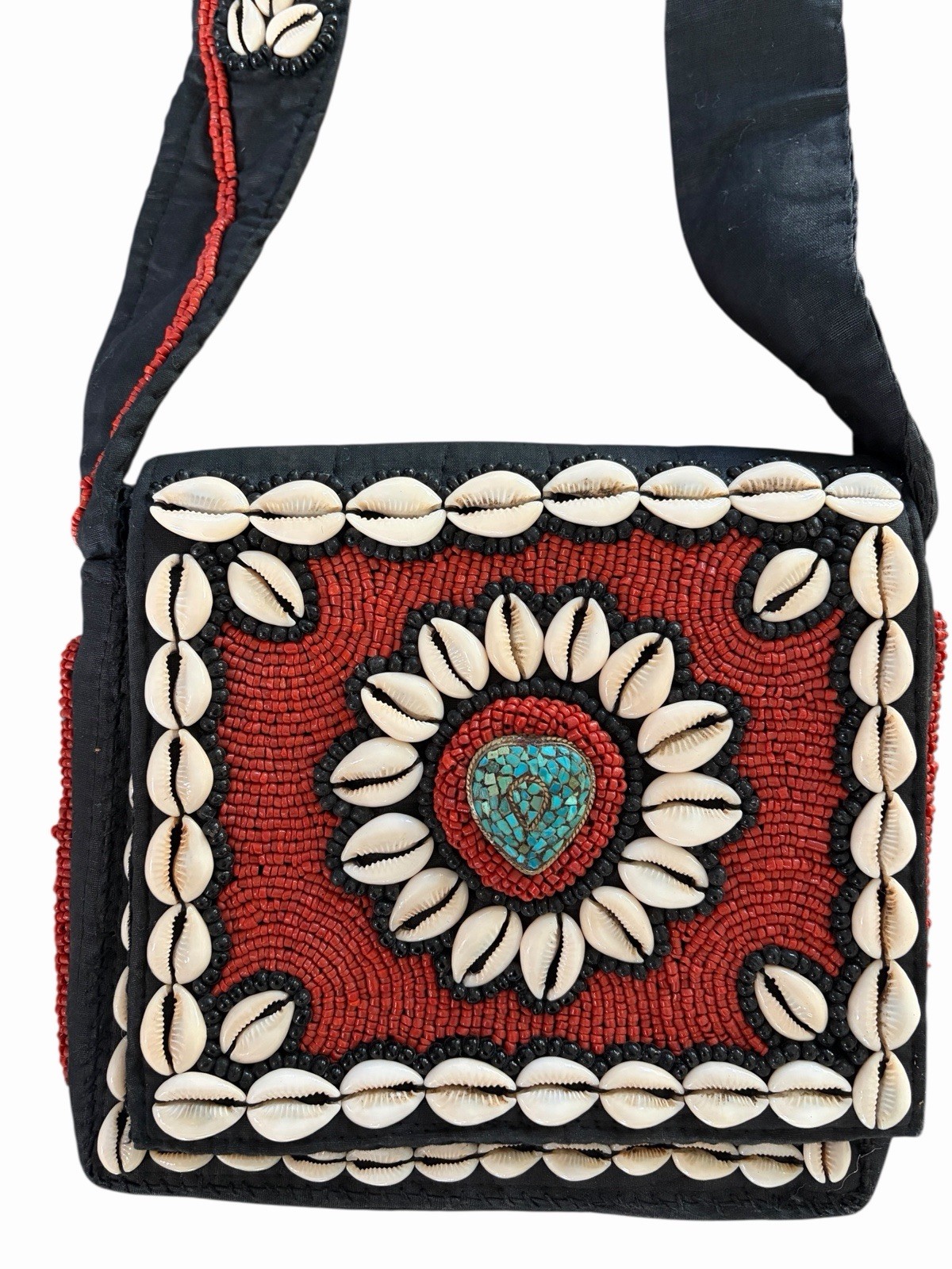 Tibetan Style Hand Beaded Seashell Coral Cross Body Bag Vintage VTG