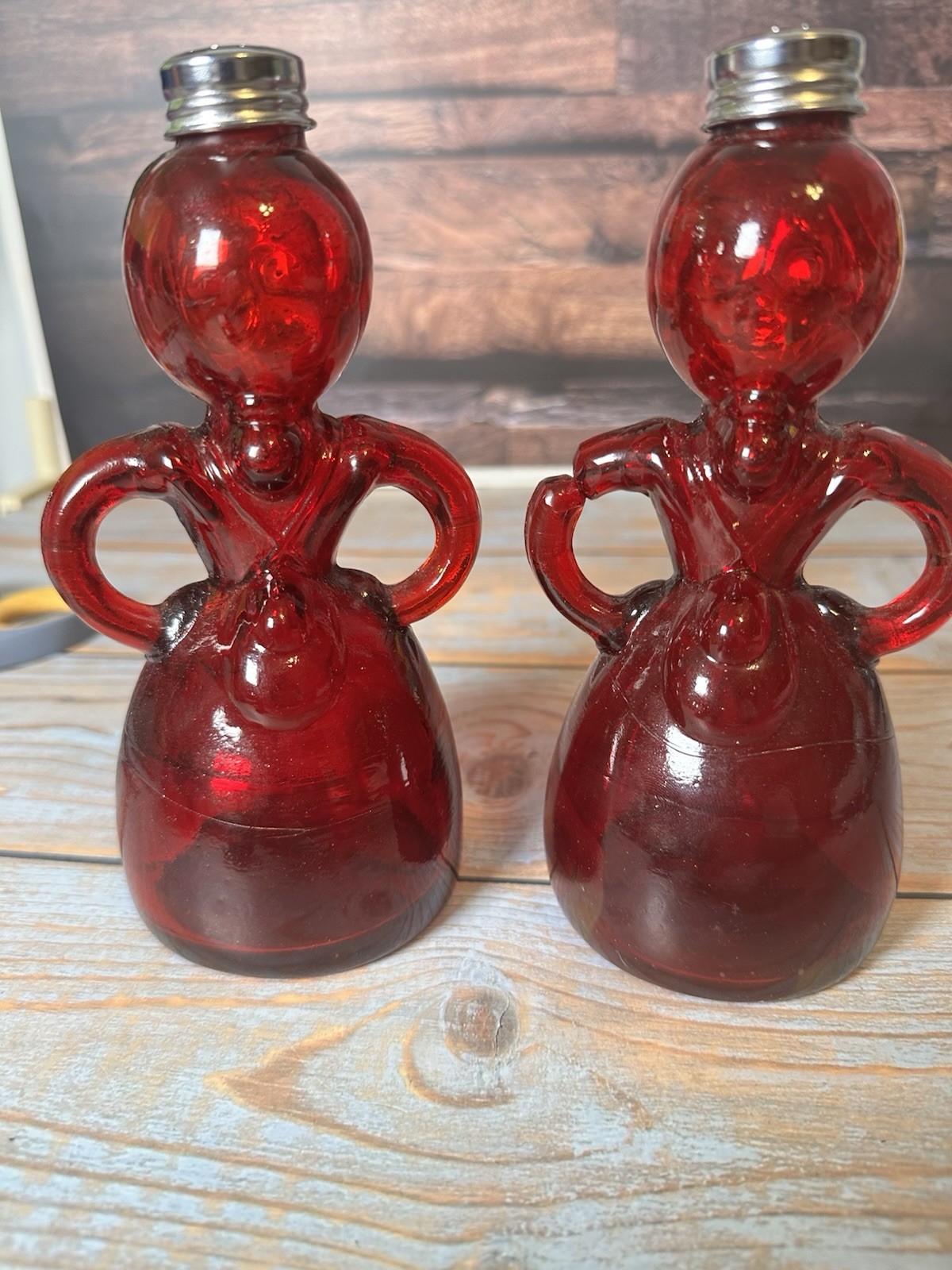 Vintage Ruby Red Glass Merry Maid Salt Pepper Shakers Set Taiwan Figural
