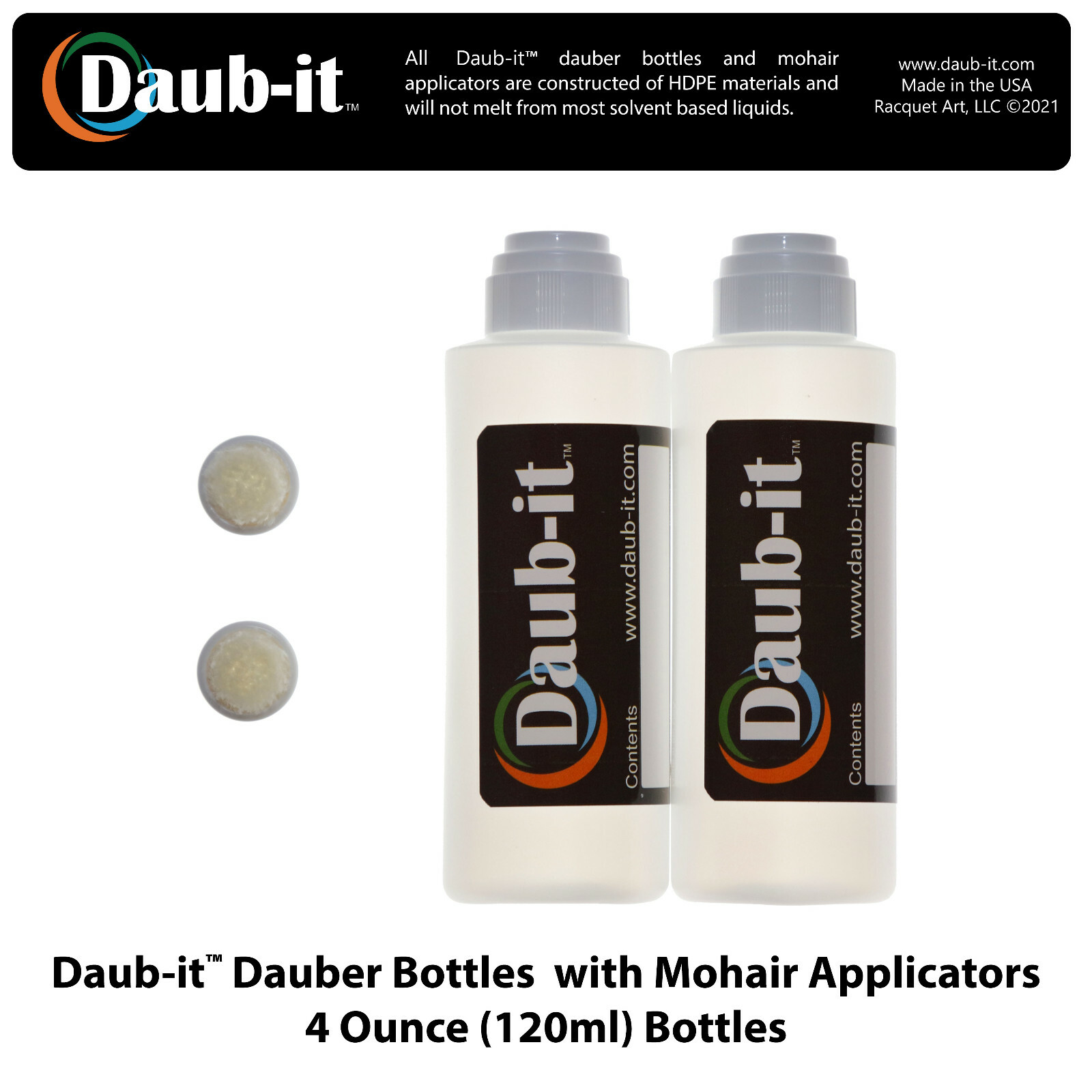Daub-it Empty Bottles with Mohair Dauber Applicator - 2 Pack -4 Ounce- HDPE
