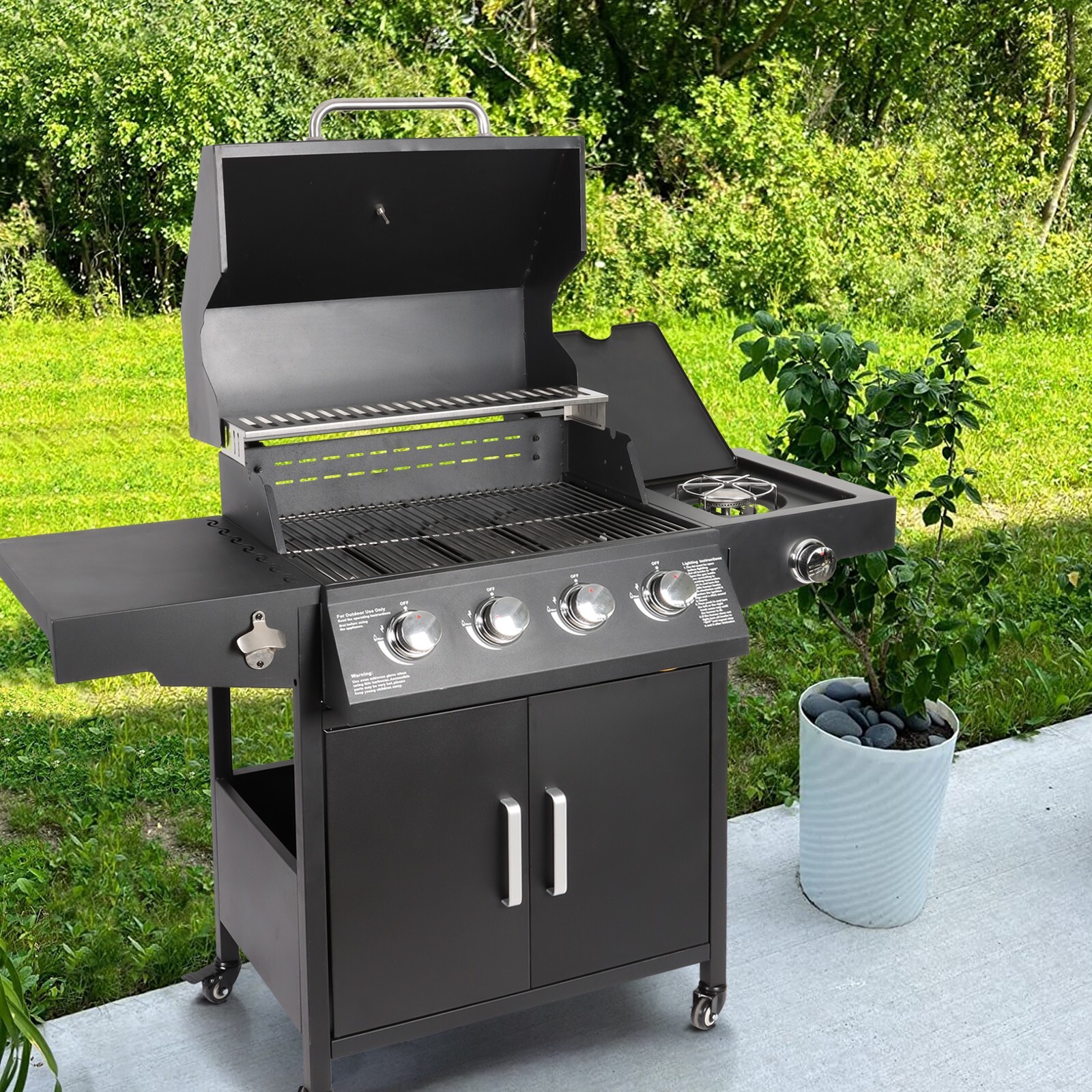 Propane Gas Grill 4 Burners a Side Burner Steel Grill Cart Outdoor Cooking BBQ