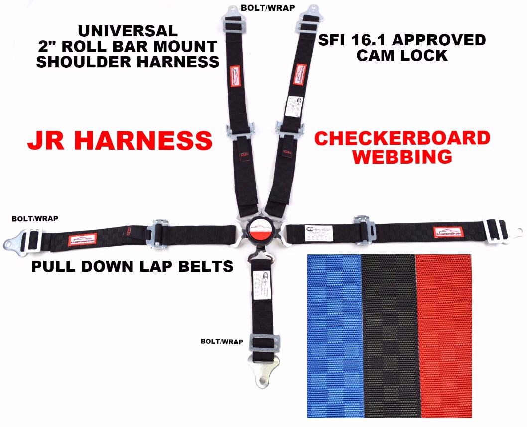 QUARTER MIDGET HARNESS 2" SFI 16.1 PULL DOWN UNIVERSAL CAM LOCK BLACK CHECKER