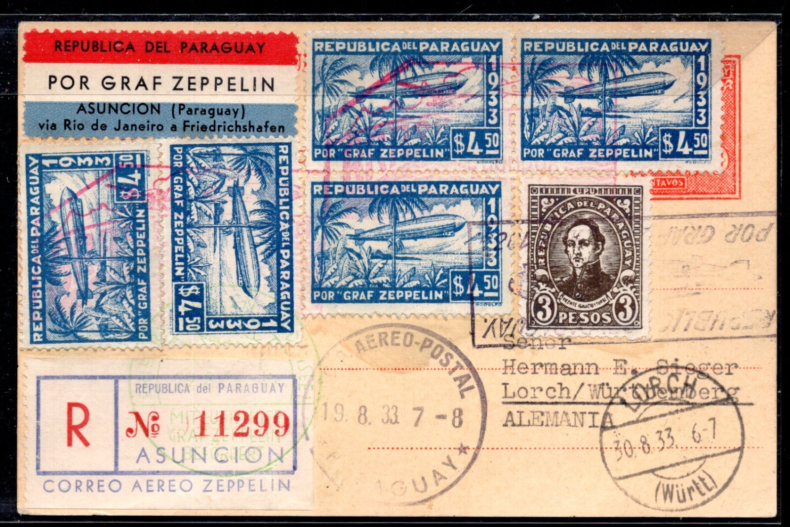PARAGUAY TO GERMANY 1933 GRAF ZEPPELIN POST CARD REGISTERED ASUNCION TO LORCH