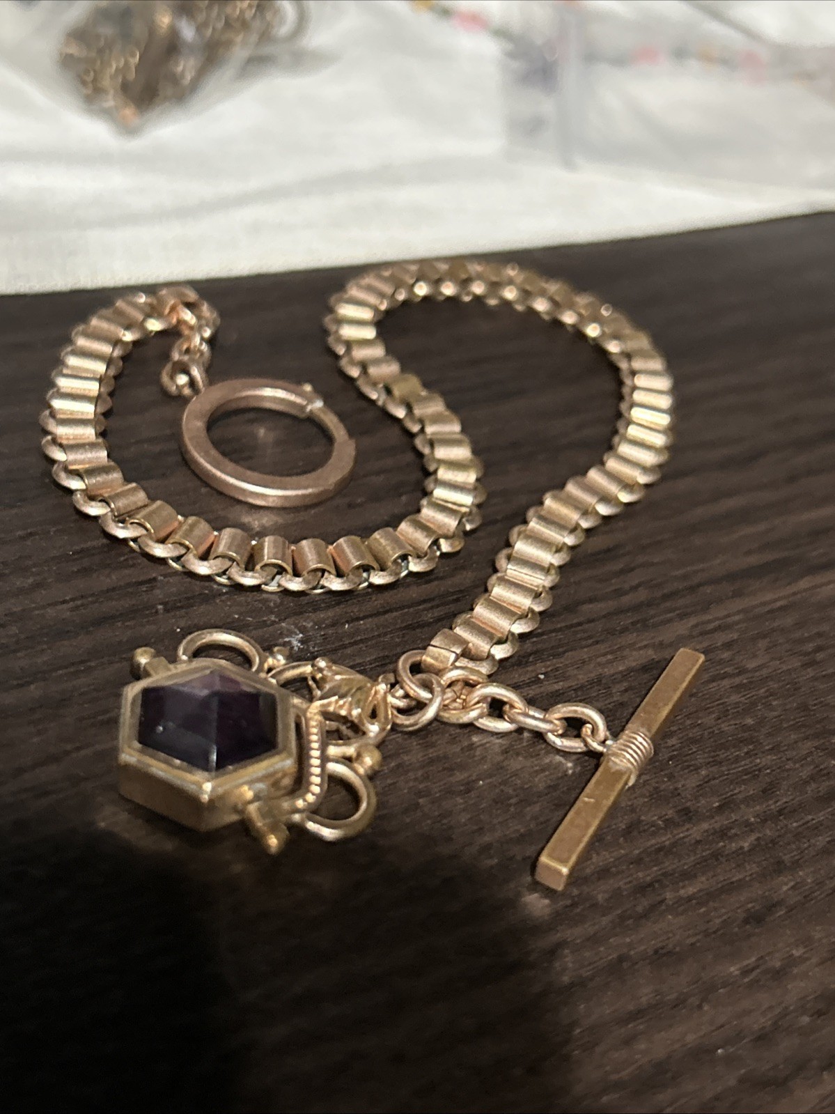 Victorian Rose Gold Fill Purple Watch Fob Spinner Book Link Chain Large Ring