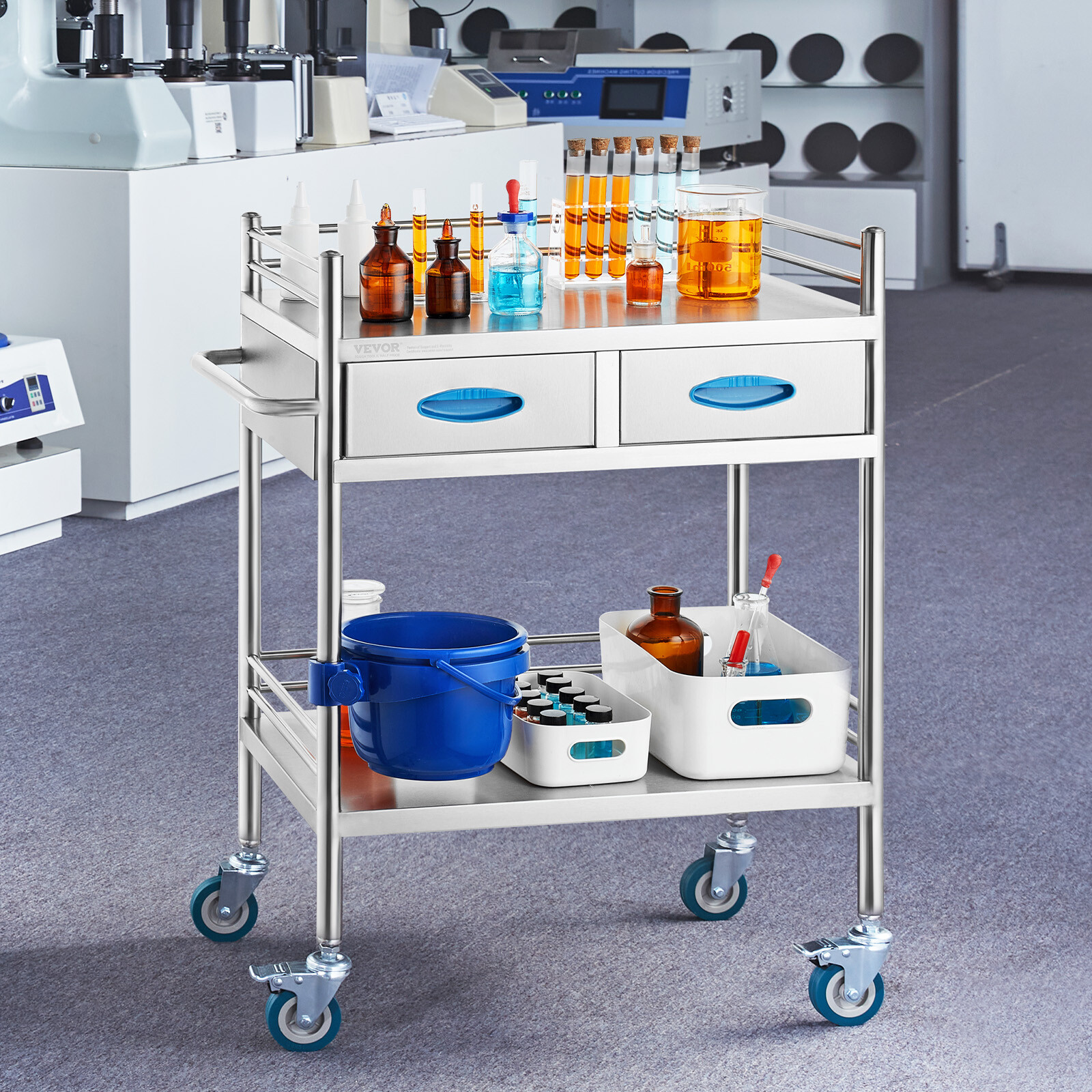 VEVOR Medical Dental Lab Serving Cart Trolley 2-Drawer Portable Stainless Steel